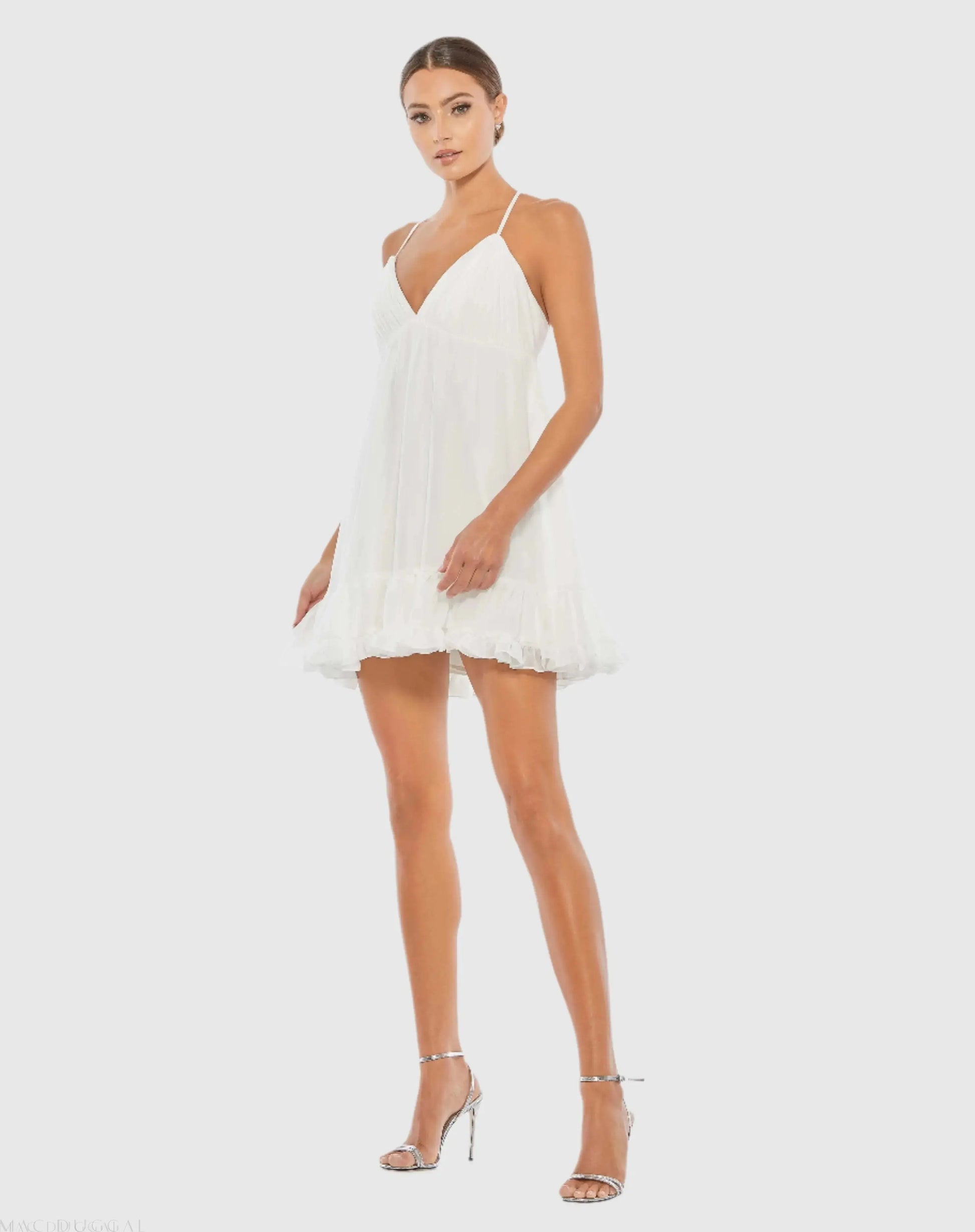 White Ruffle V-Neck Criss-Cross Mini Dress - Ieena for Mac Duggal