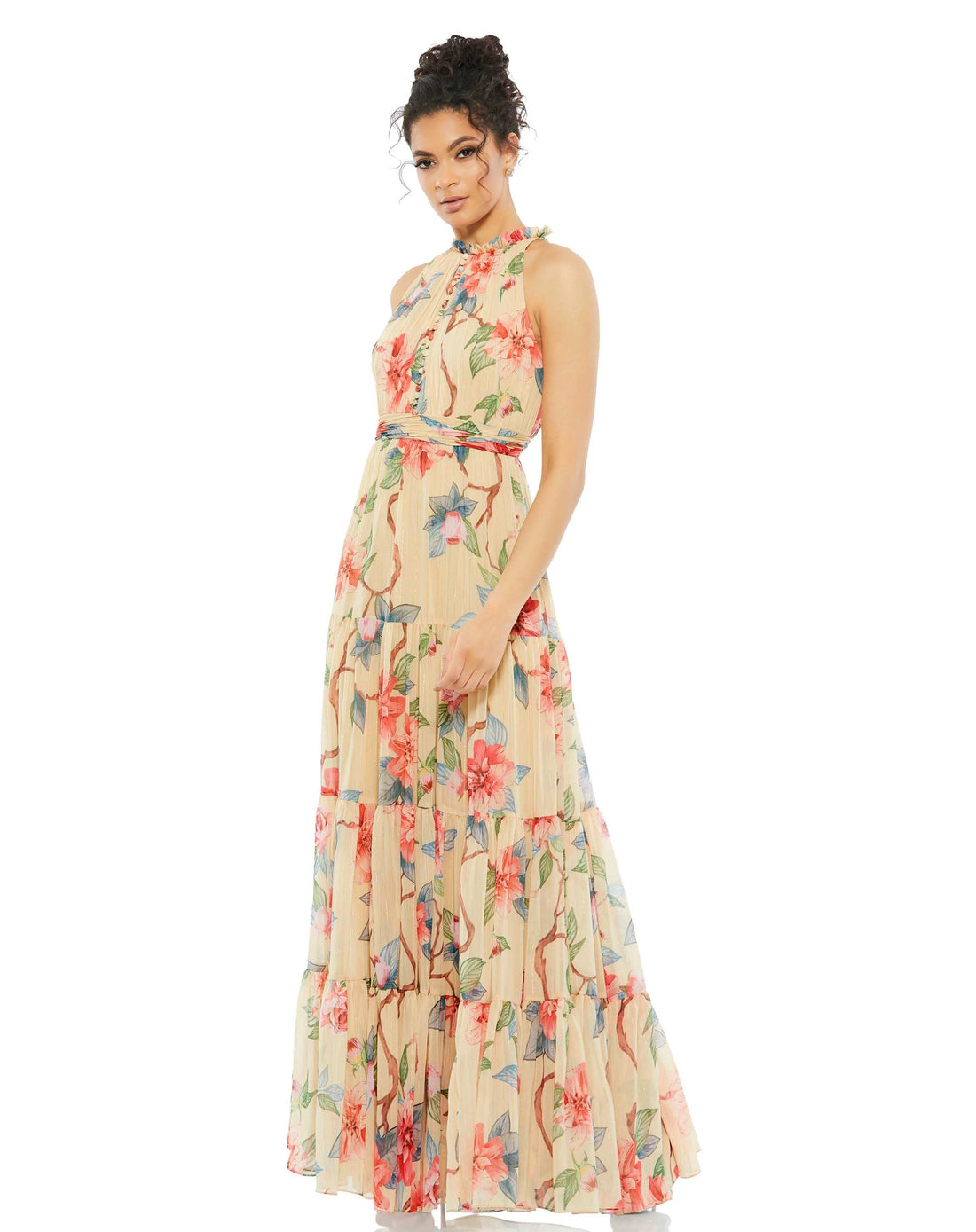 Beige Floral Halter Neck Maxi Dress Ieena for Mac Duggal