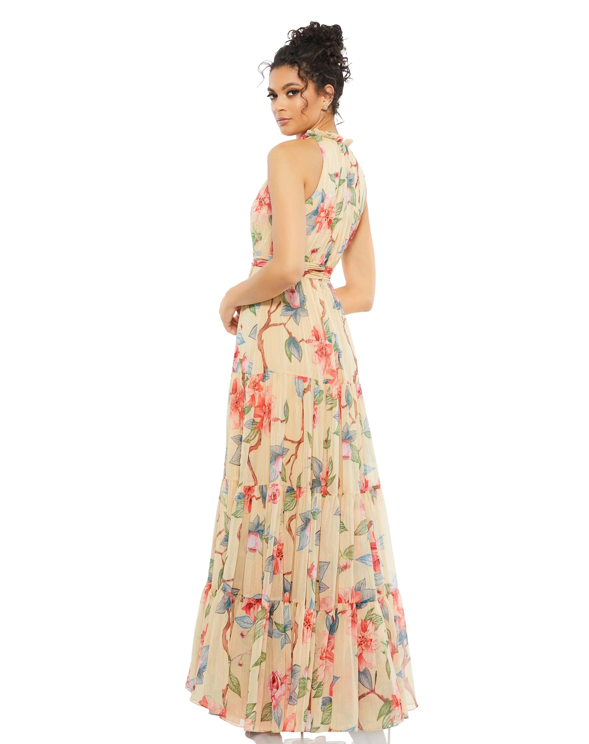 Beige Floral Halter Neck Maxi Dress Ieena for Mac Duggal