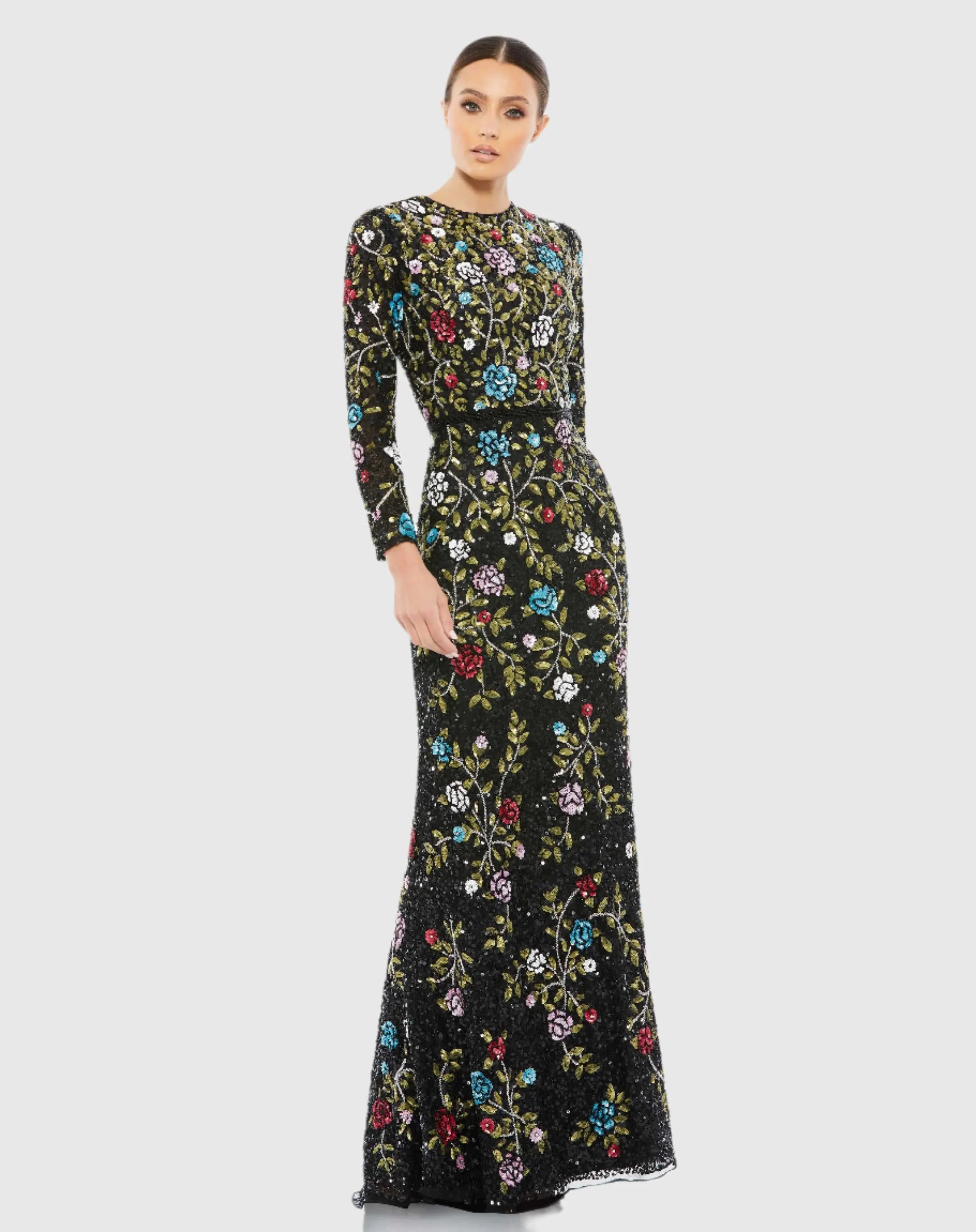 Black Floral Embellished Long Sleeve Gown - Mac Duggal