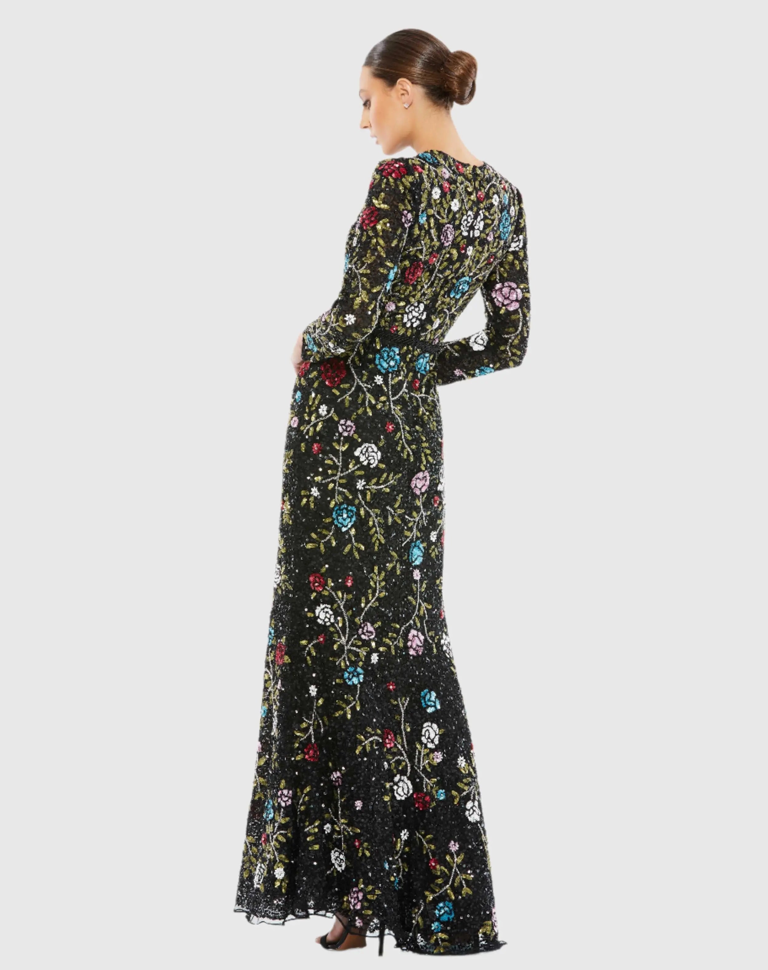 Black Floral Embellished Long Sleeve Gown - Mac Duggal