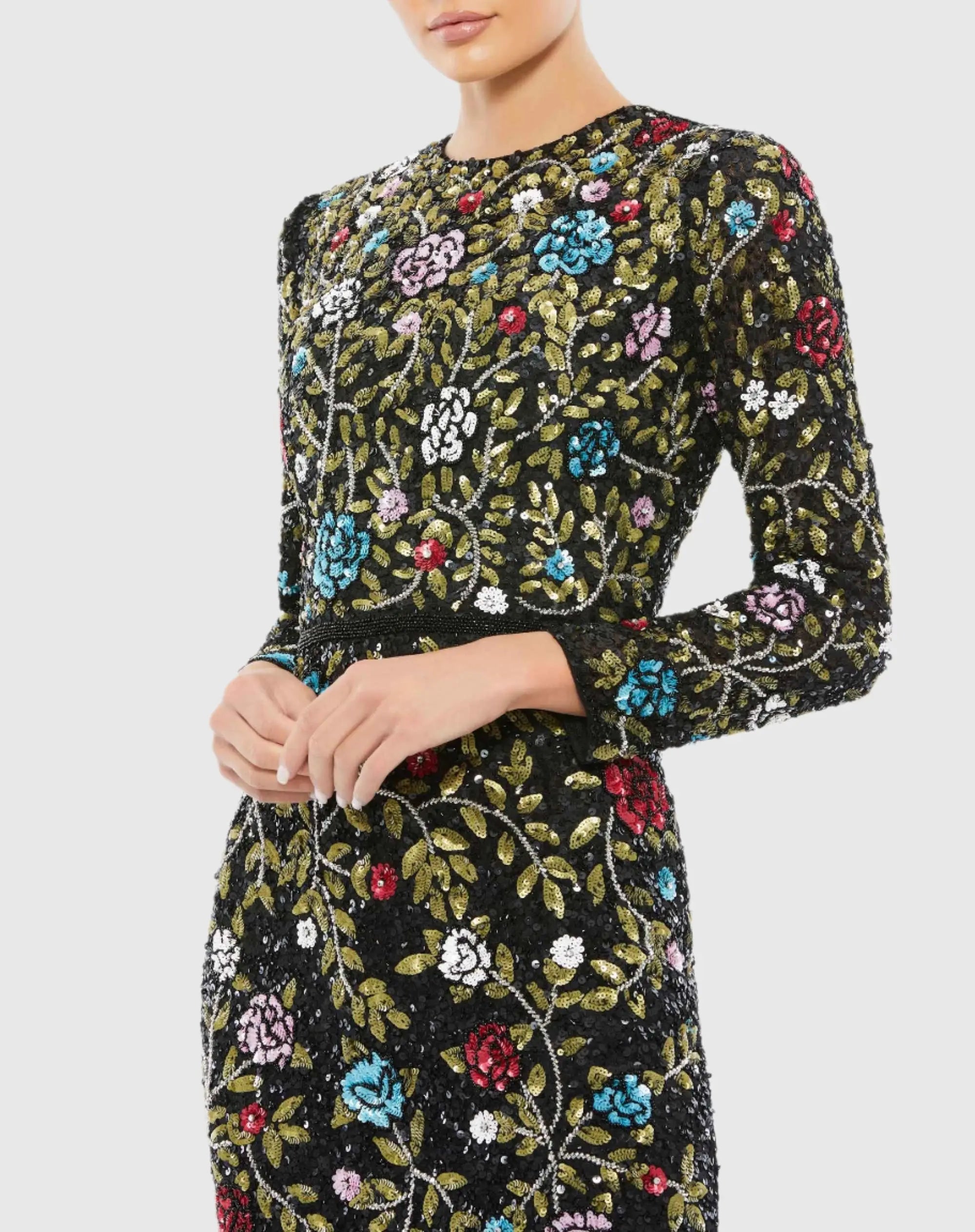 Black Floral Embellished Long Sleeve Gown - Mac Duggal