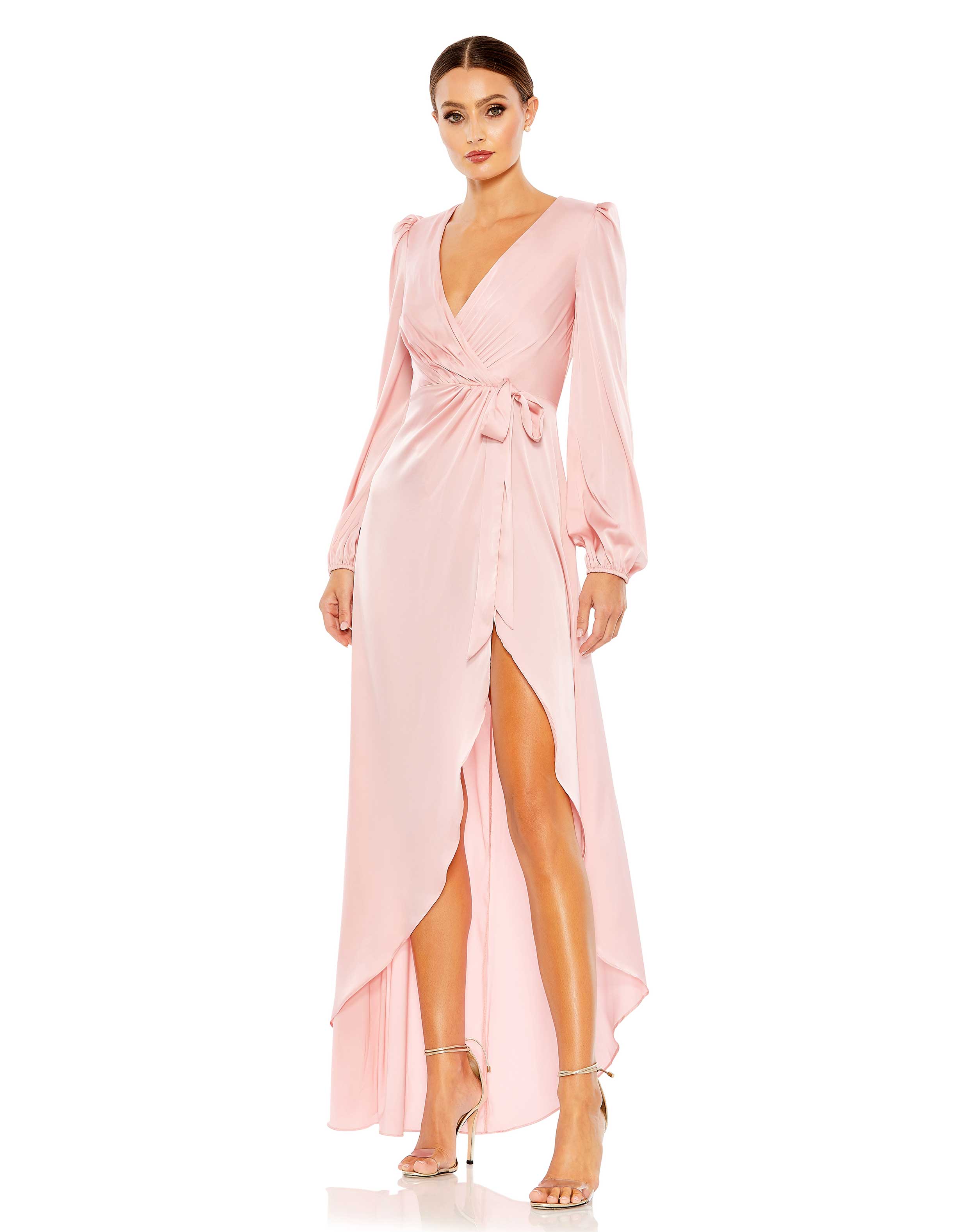 Draped Faux Wrap Puff Long Sleeve Gown