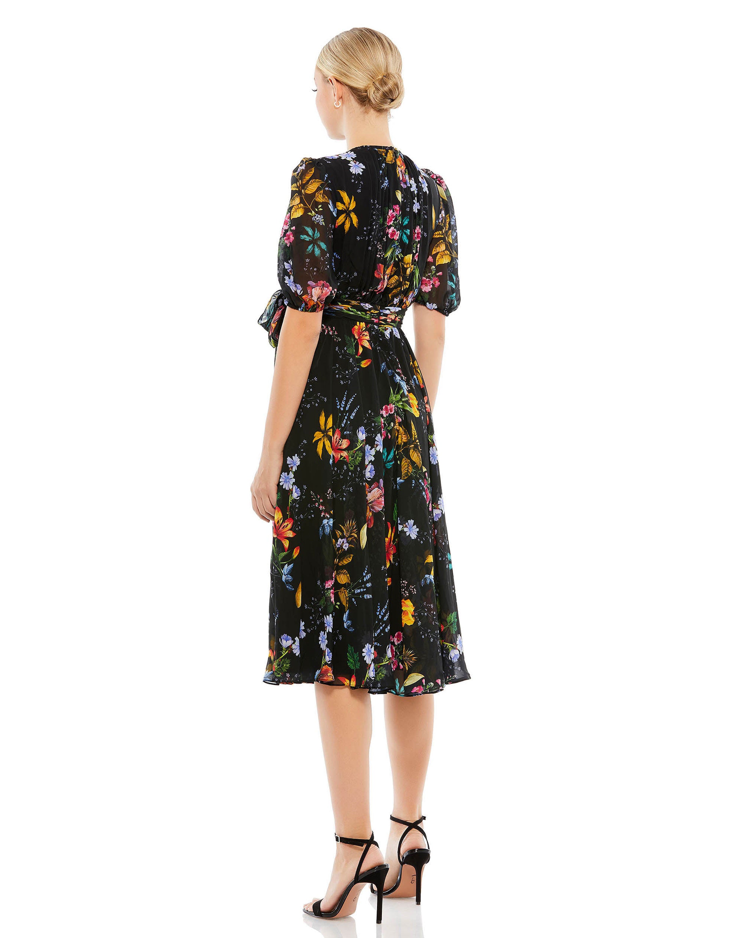 Floral Pattern High Neck Belted Midi Dress – Mac Duggal