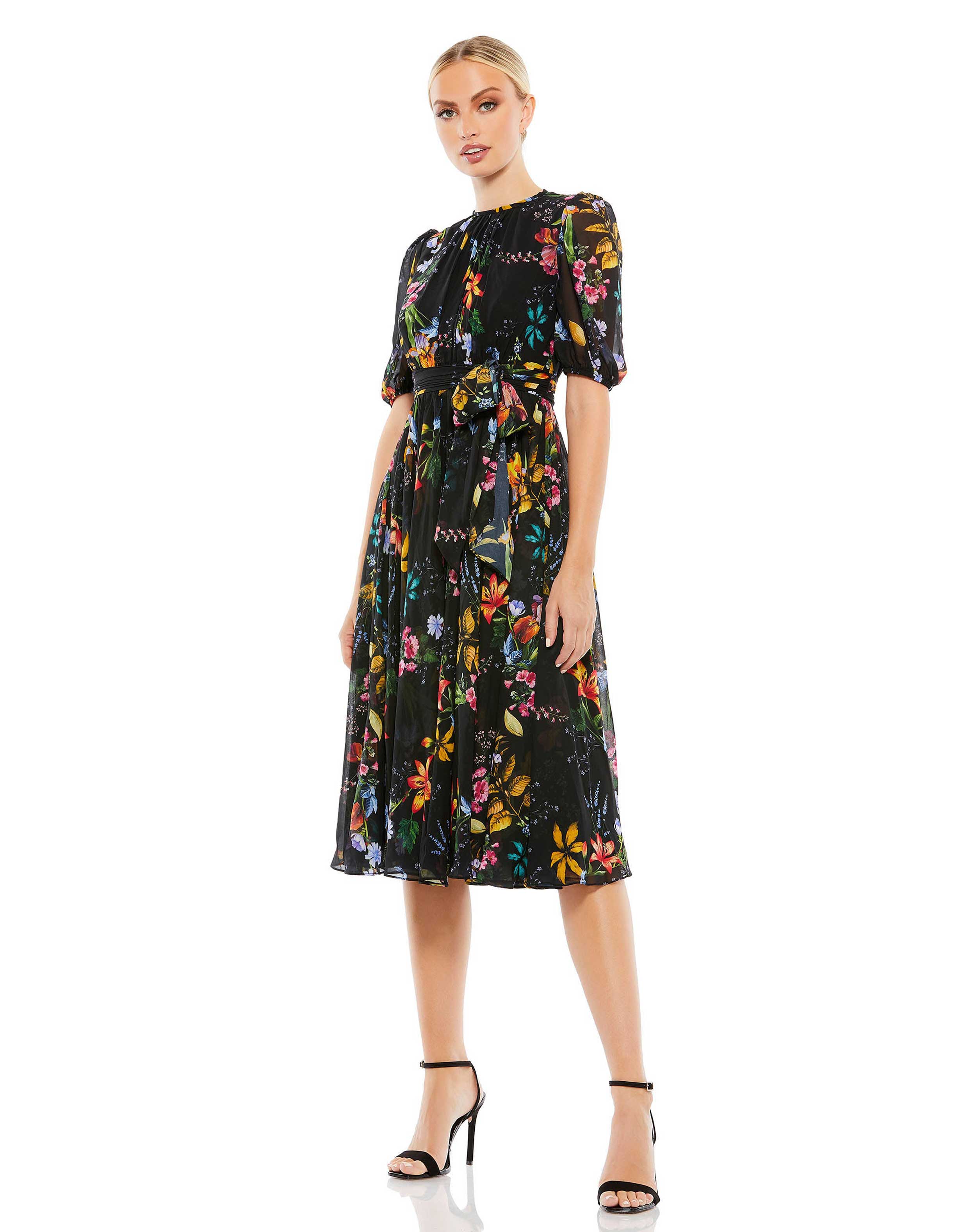 Floral Pattern High Neck Belted Midi Dress – Mac Duggal