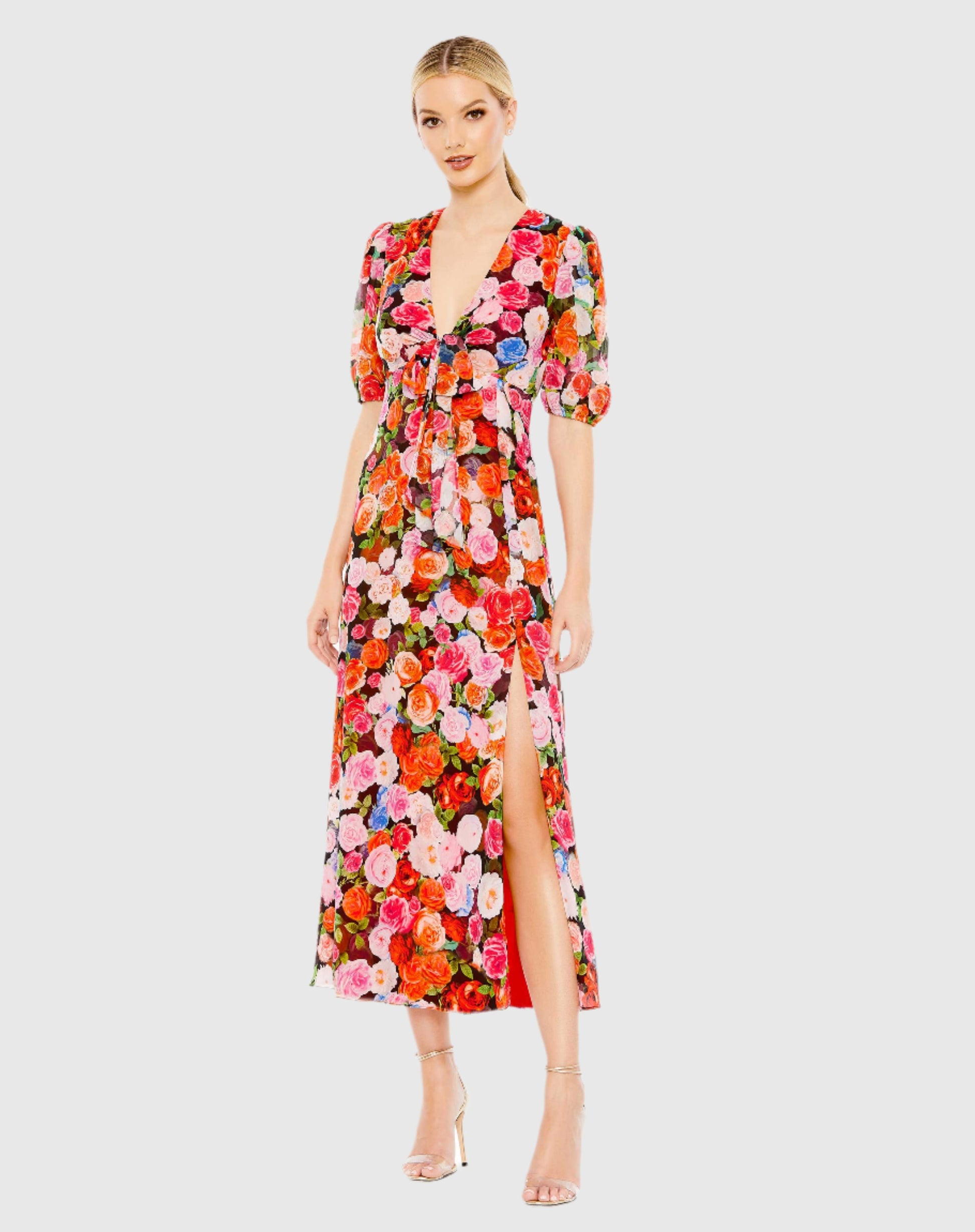 Floral Print Front Tie Puff Sleeve Flowy Midi Dress