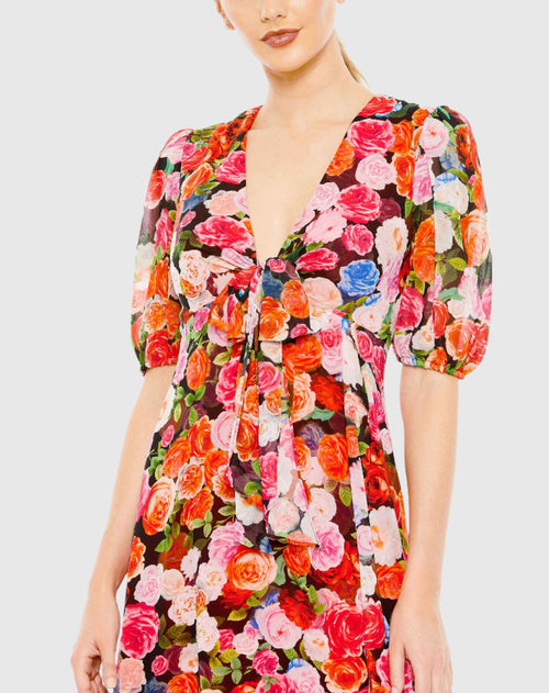 Robe midi fluide à imprimé floral, nouée sur le devant, manches bouffantes