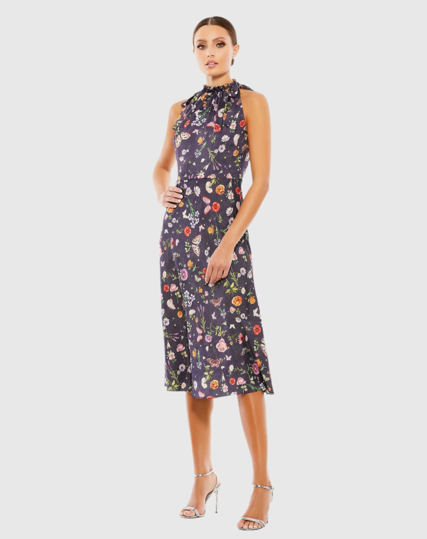 Floral Print Tie Neck Midi Dress