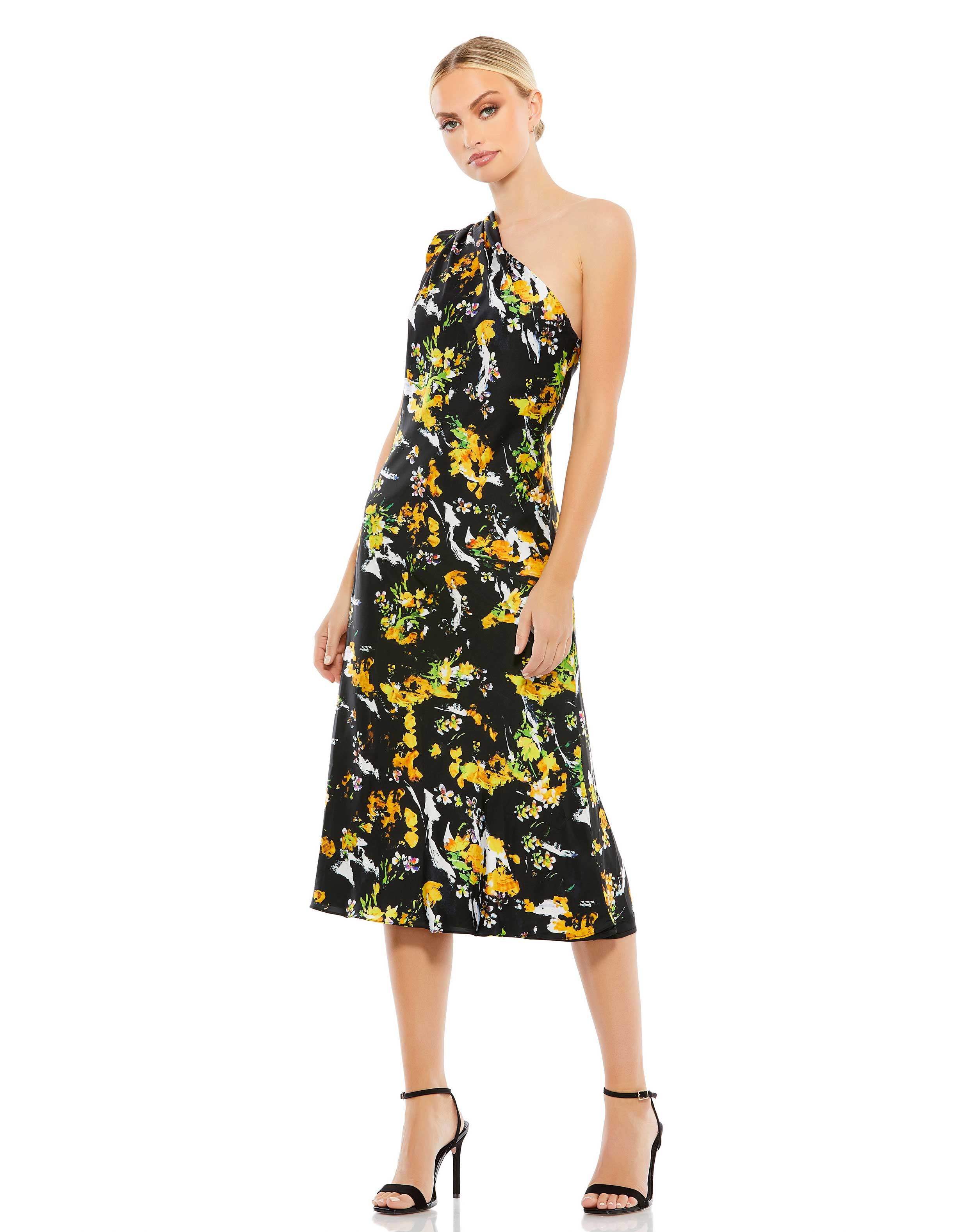 Floral Print Draped One Shoulder Midi Dress
