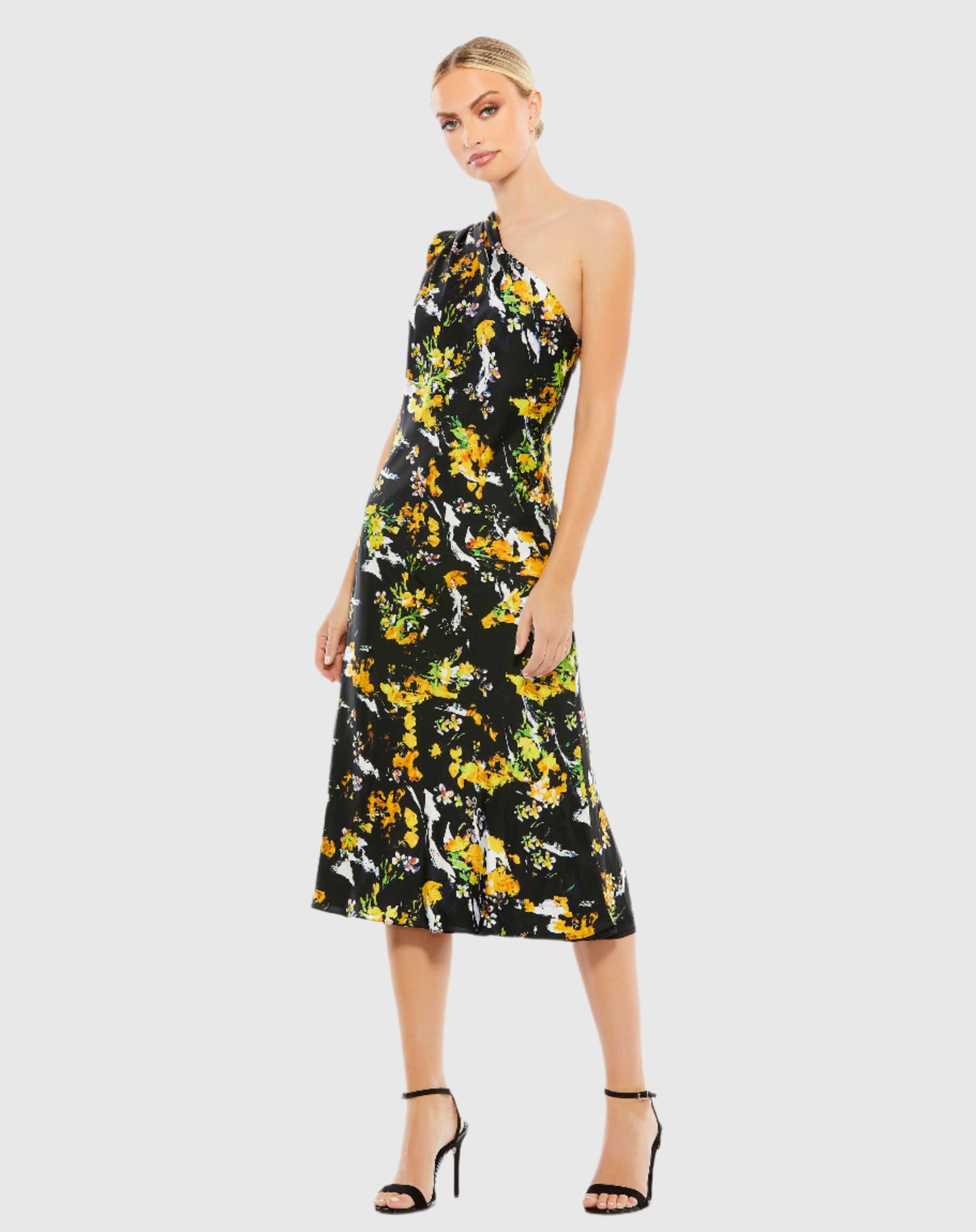 Floral Print Draped One Shoulder Midi Dress