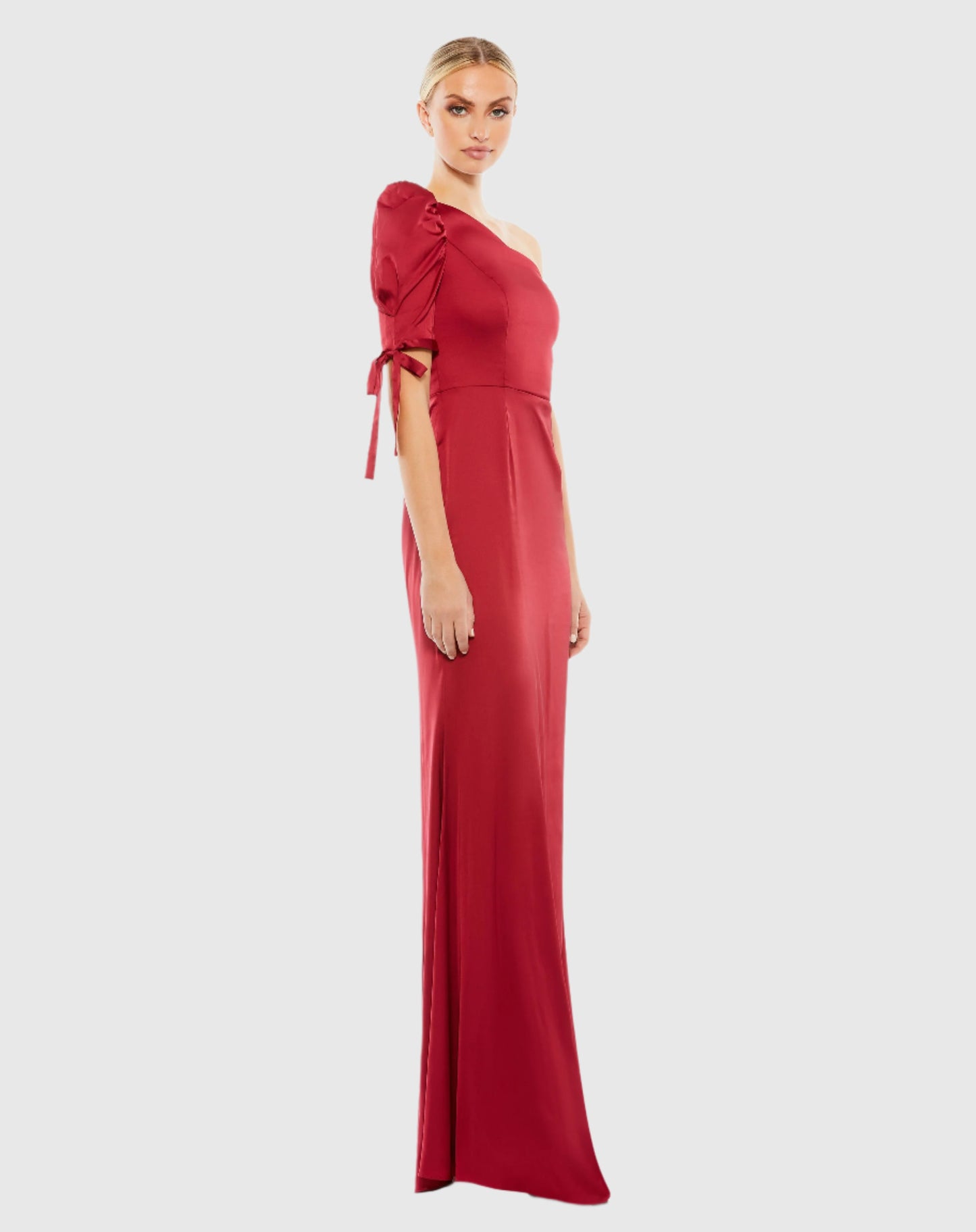 Satin One Shoulder Puff Sleeve Trumpet Gown