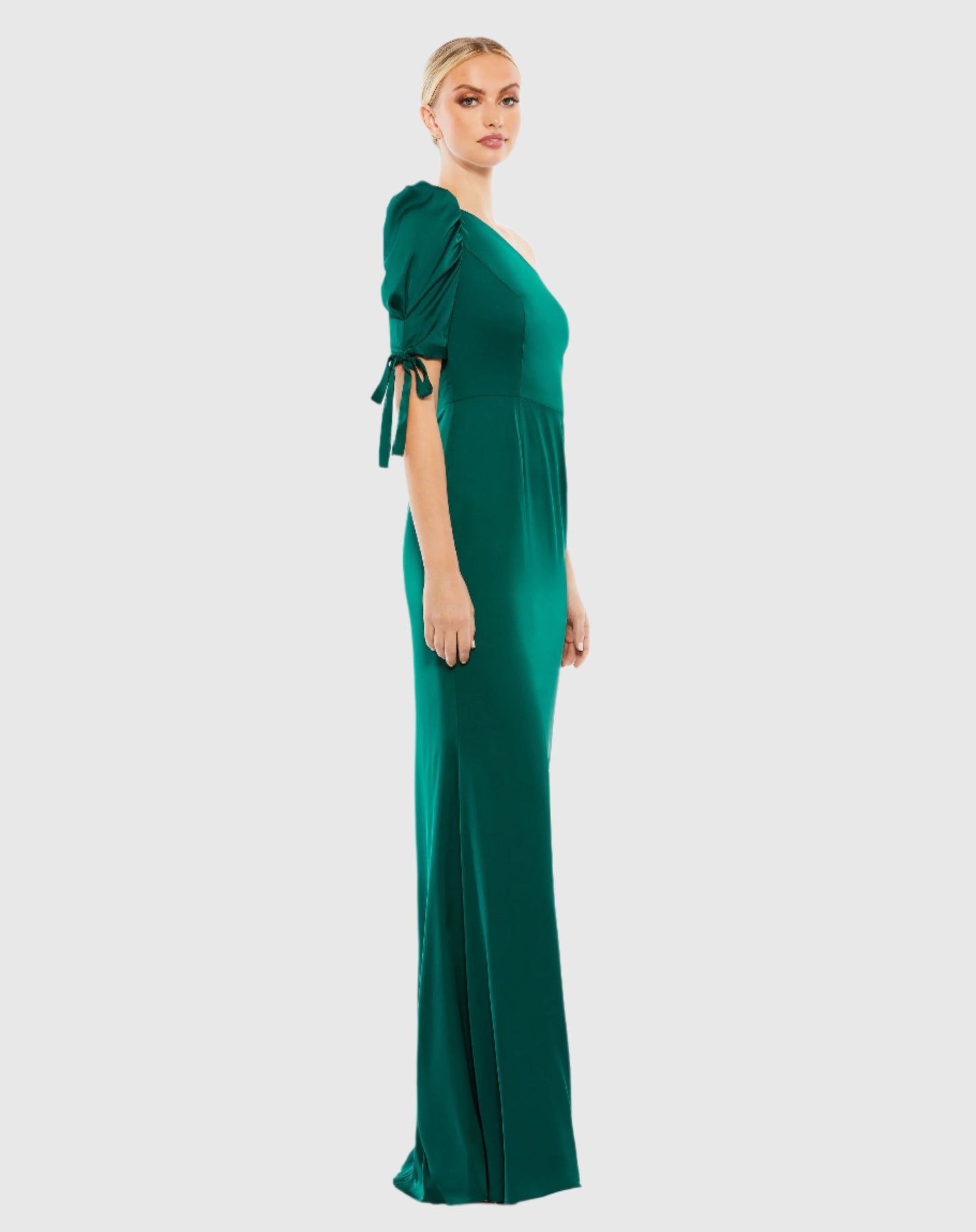 Satin One Shoulder Puff Sleeve Trumpet Gown