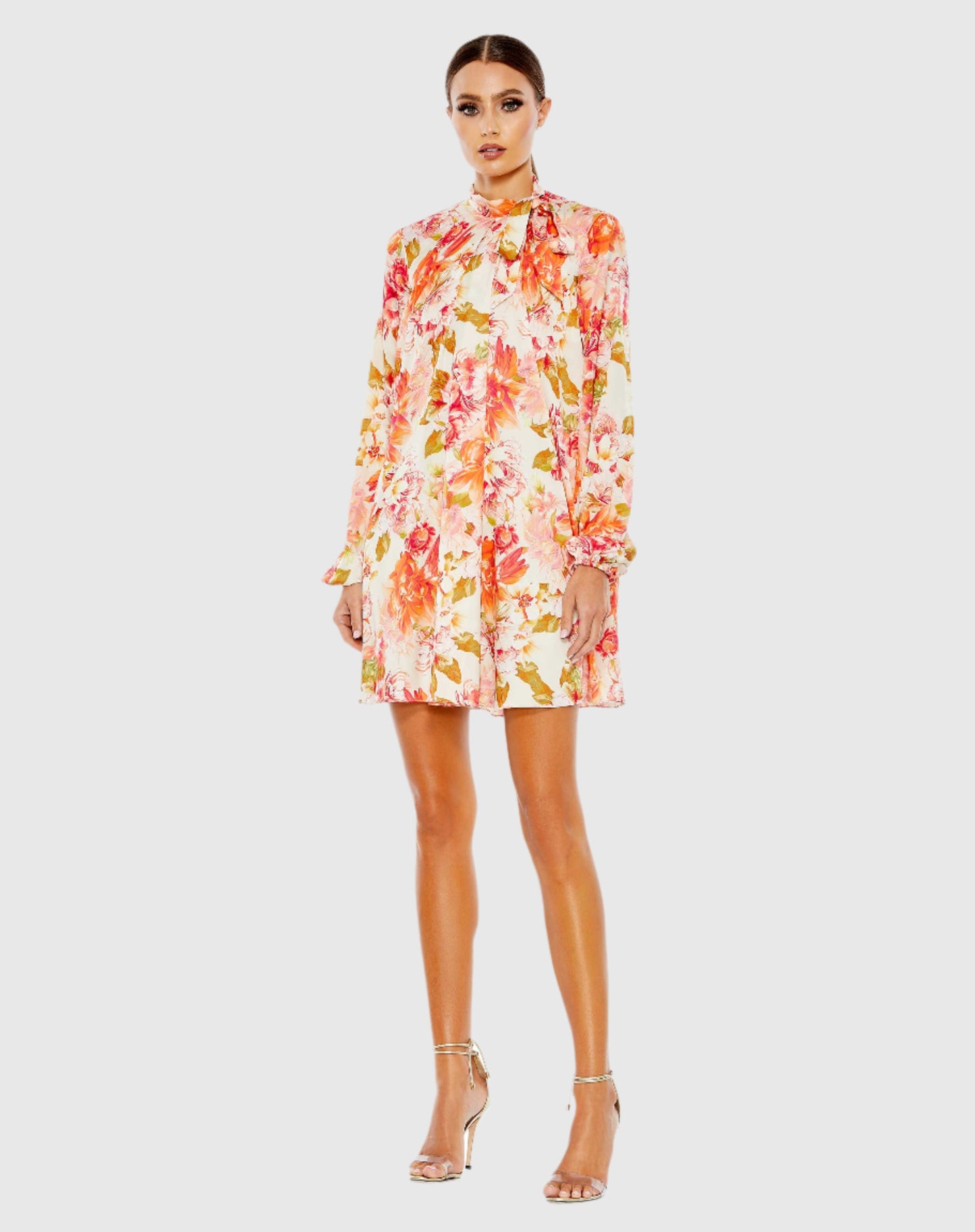 Floral Print High Neck Tie Puff Sleeve Flowy Mini Dress