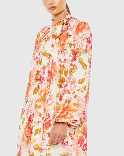 Floral Print High Neck Tie Puff Sleeve Flowy Mini Dress