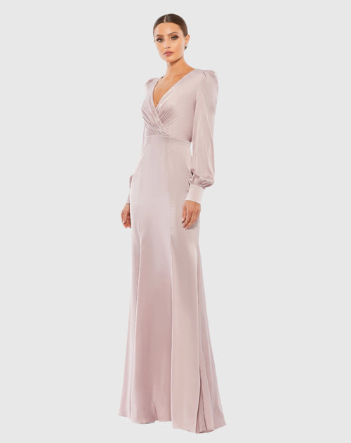 Satin Ruched Bishop Sleeve Gown