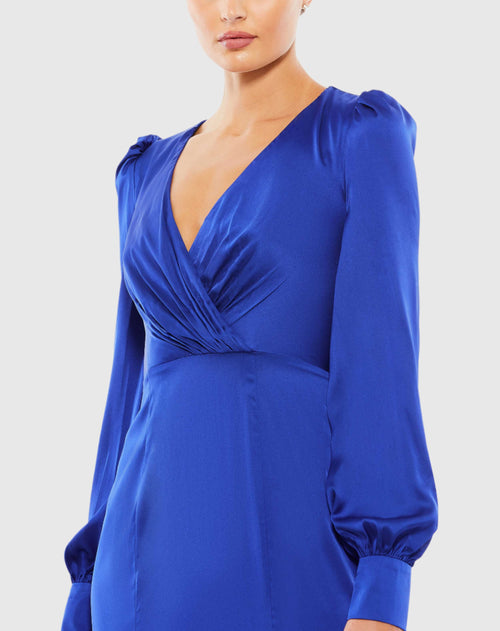 Satin Ruched Bishop Sleeve Gown