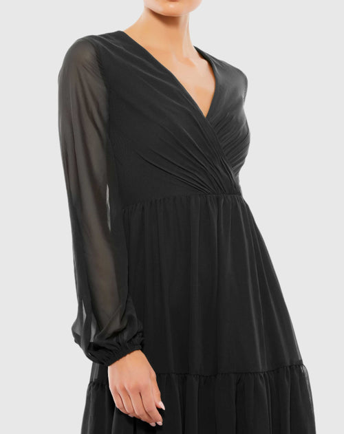 Black Ruched V-Neck Tiered Midi Dress - FINAL SALE