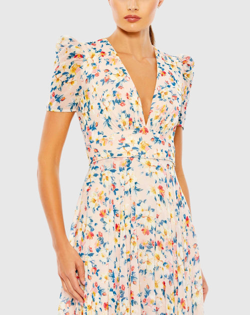 Robe fluide à imprimé floral, col en V, manches bouffantes