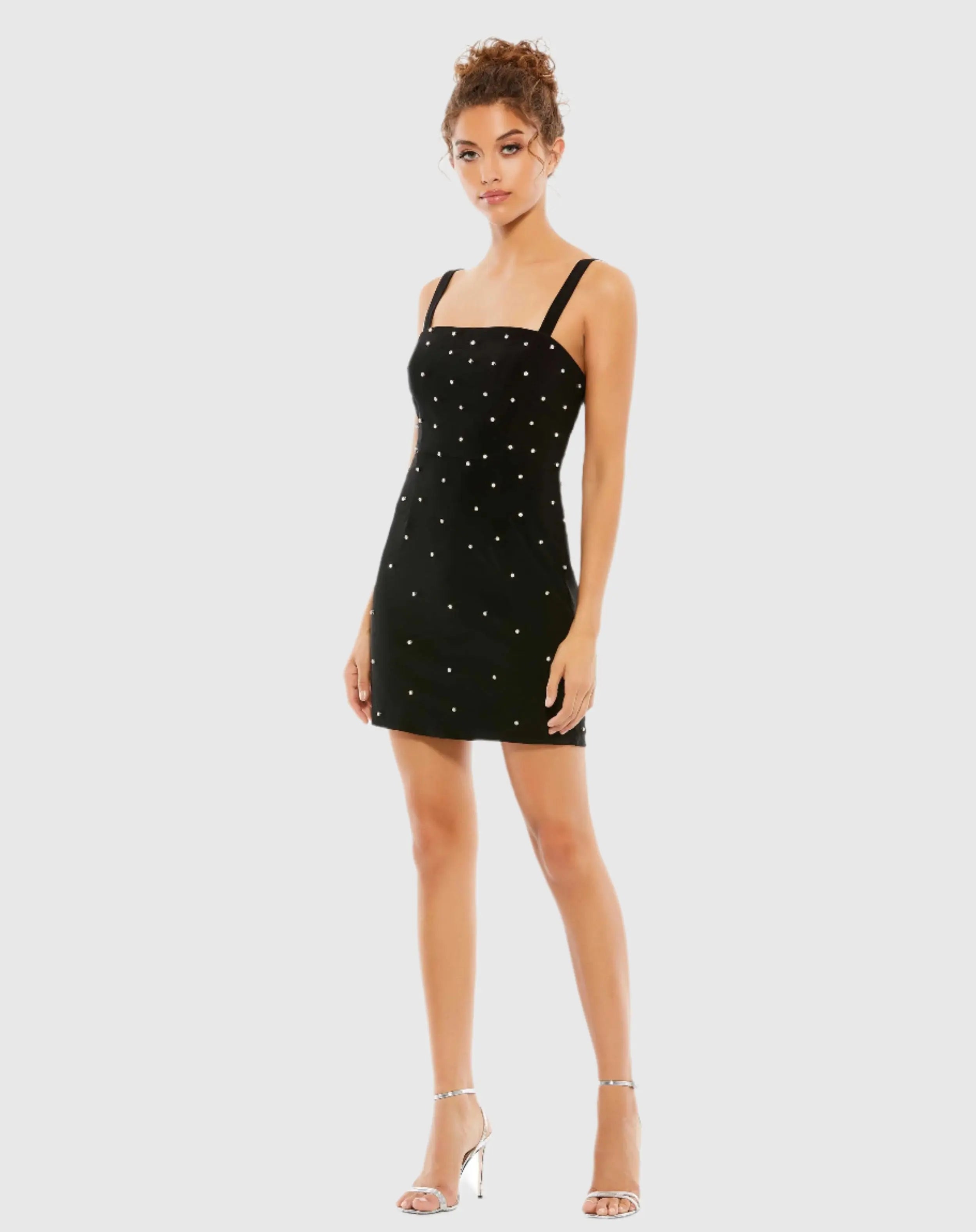 Black Sleeveless Rhinestone Encrusted Square Neck Mini Dress - FINAL SALE - Ieena for Mac Duggal