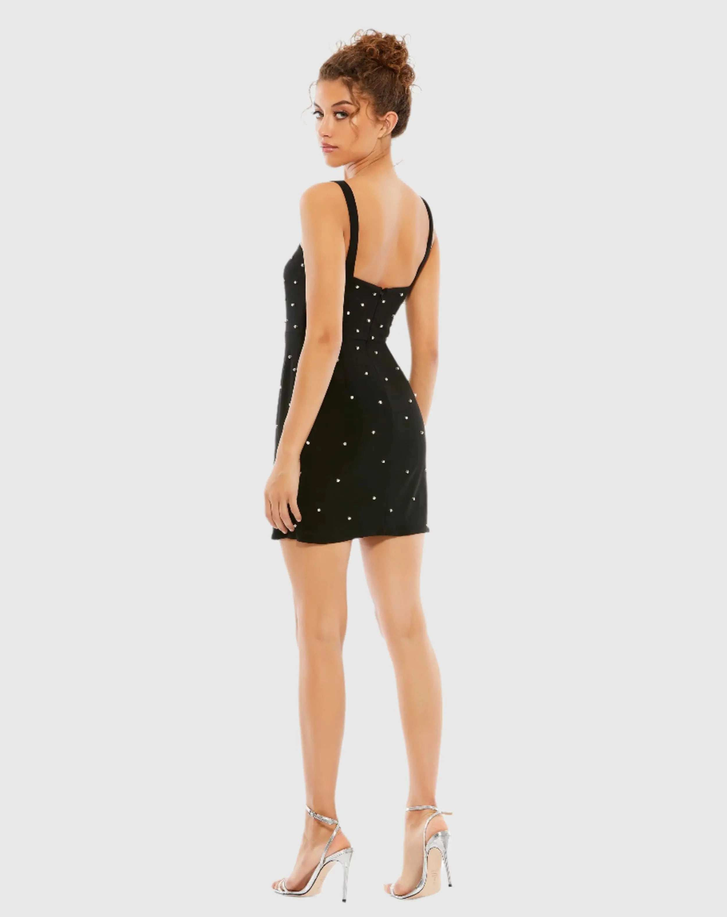 Black Sleeveless Rhinestone Encrusted Square Neck Mini Dress - FINAL SALE - Ieena for Mac Duggal