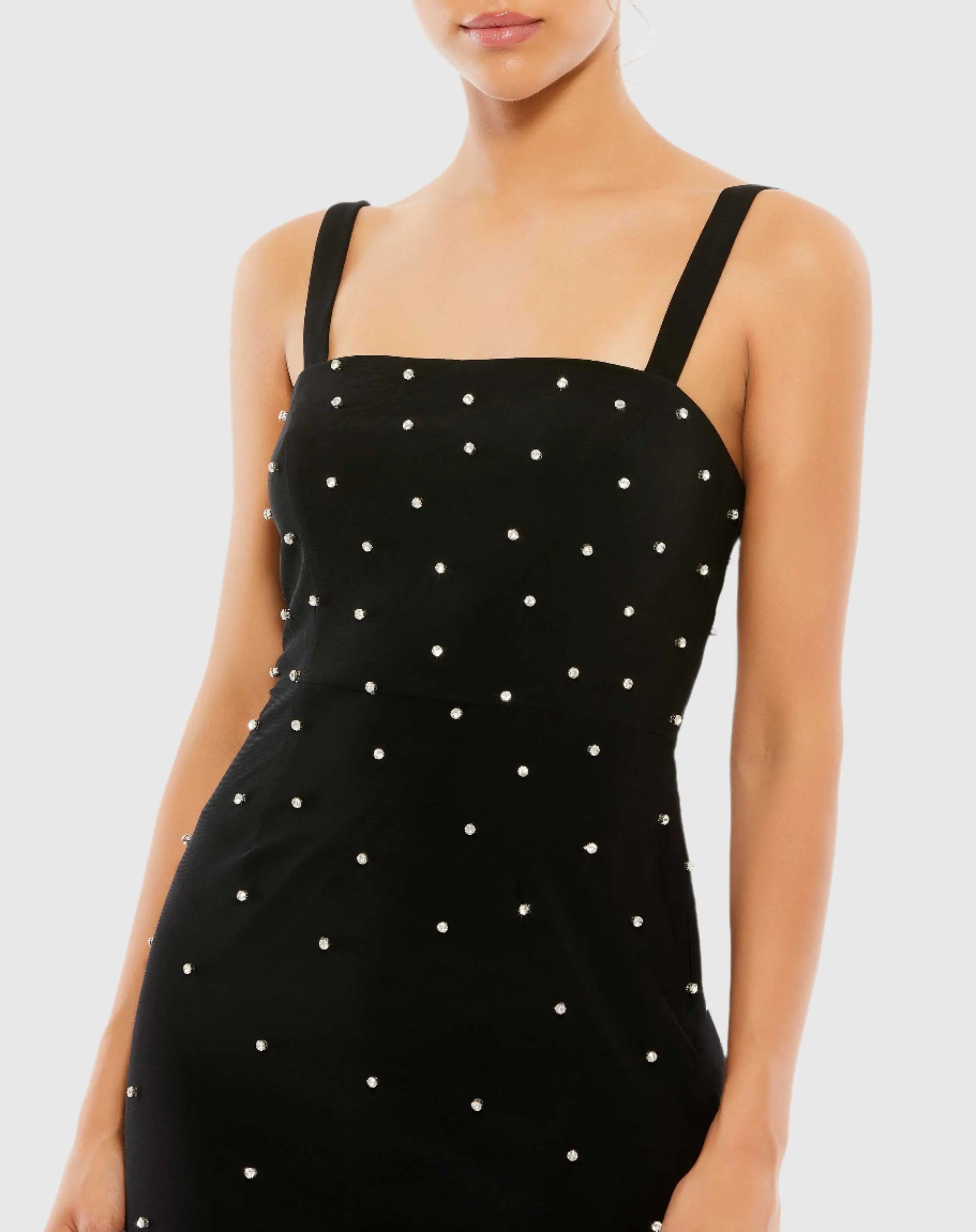 Black Sleeveless Rhinestone Encrusted Square Neck Mini Dress - FINAL SALE - Ieena for Mac Duggal