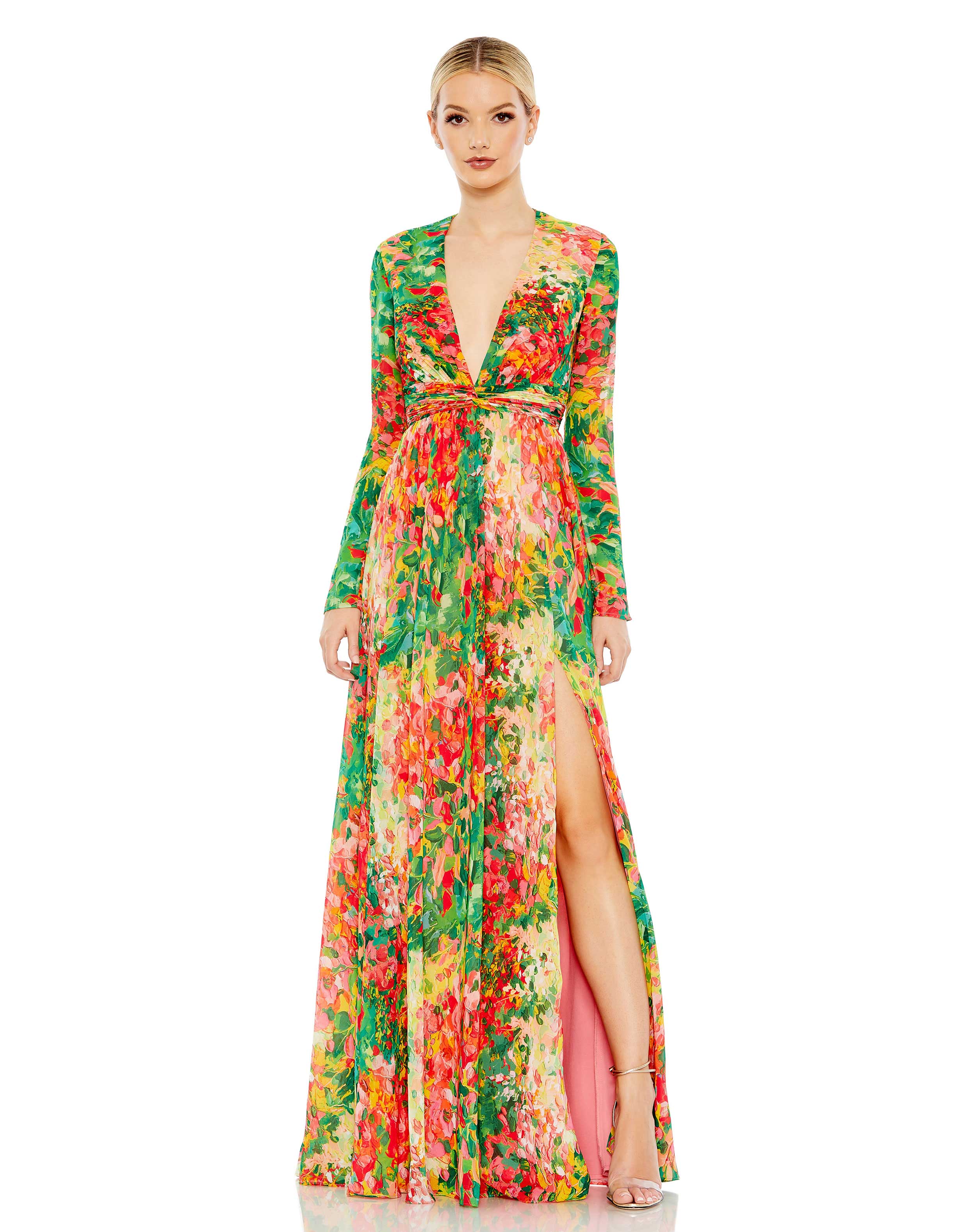 Floral Print Front Twist V Neck Long Sleeve Gown
