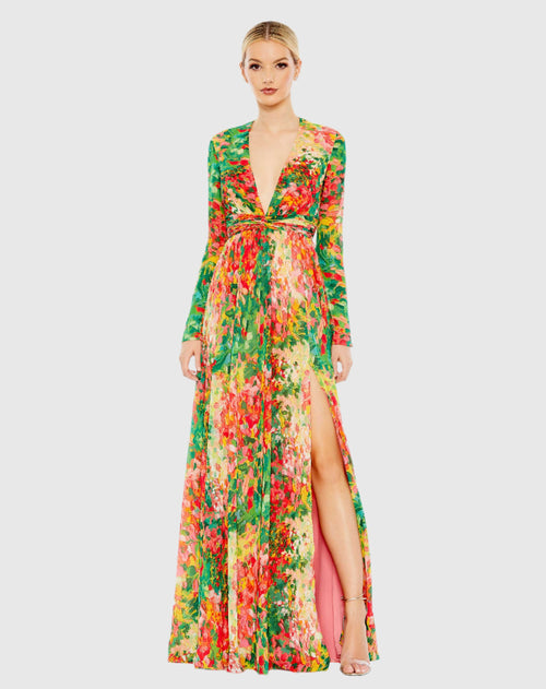 Floral Print Front Twist V Neck Long Sleeve Gown