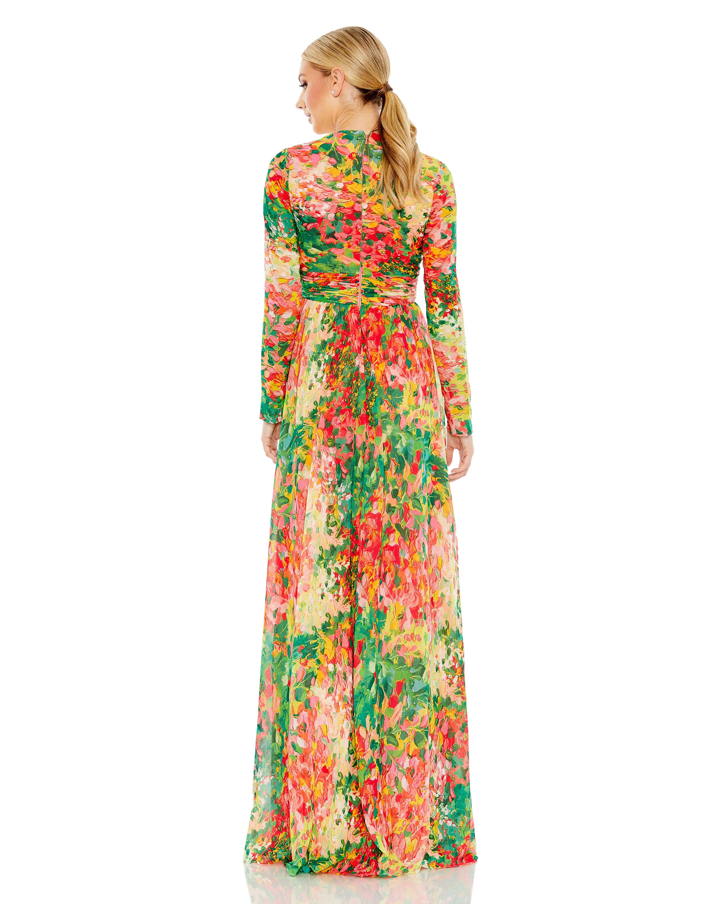 Floral Print Front Twist V Neck Long Sleeve Gown