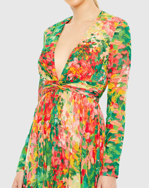 Floral Print Front Twist V Neck Long Sleeve Gown