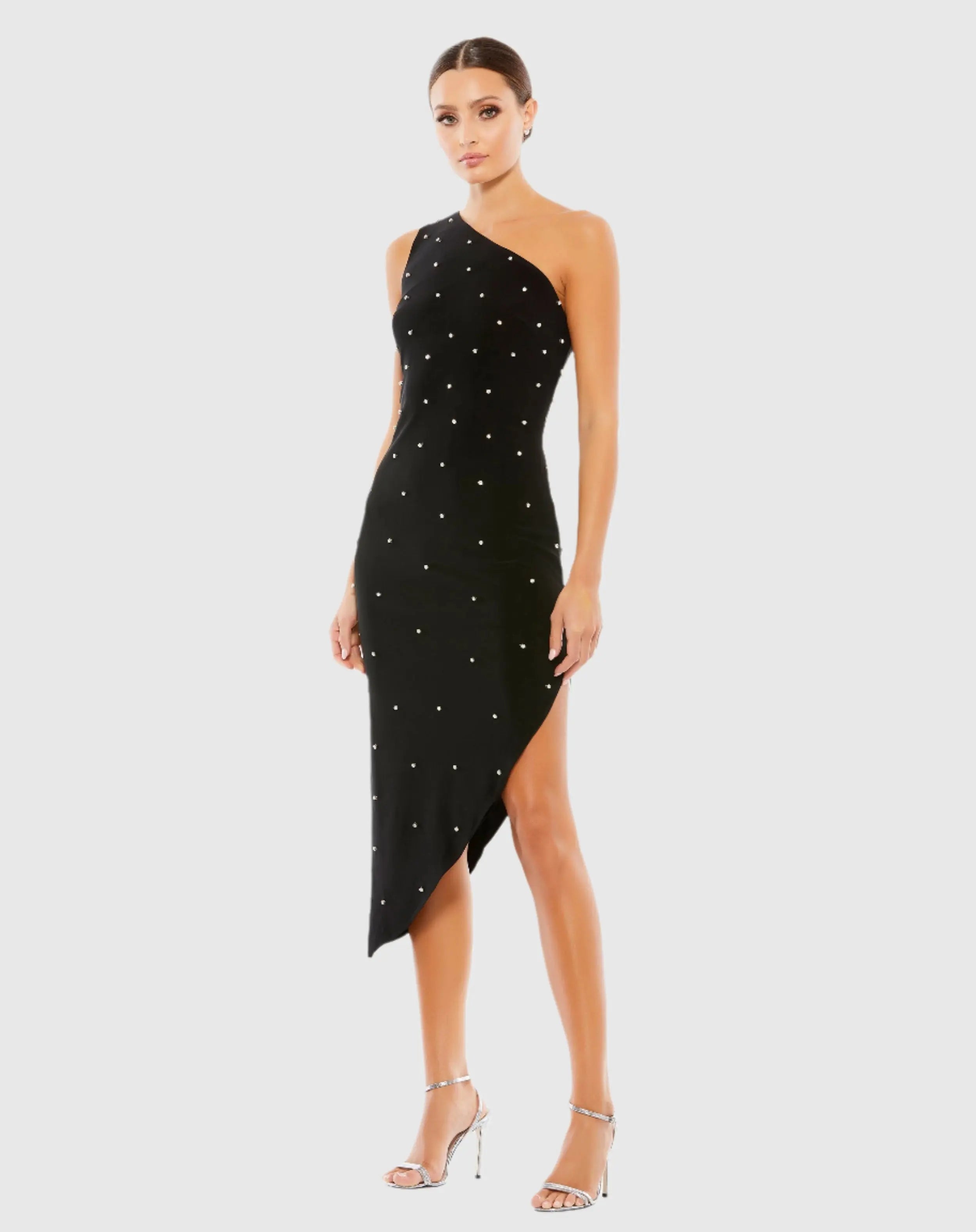 Black Rhinestone One Shoulder Asymmetrical Midi Dress Ieena for Mac Duggal
