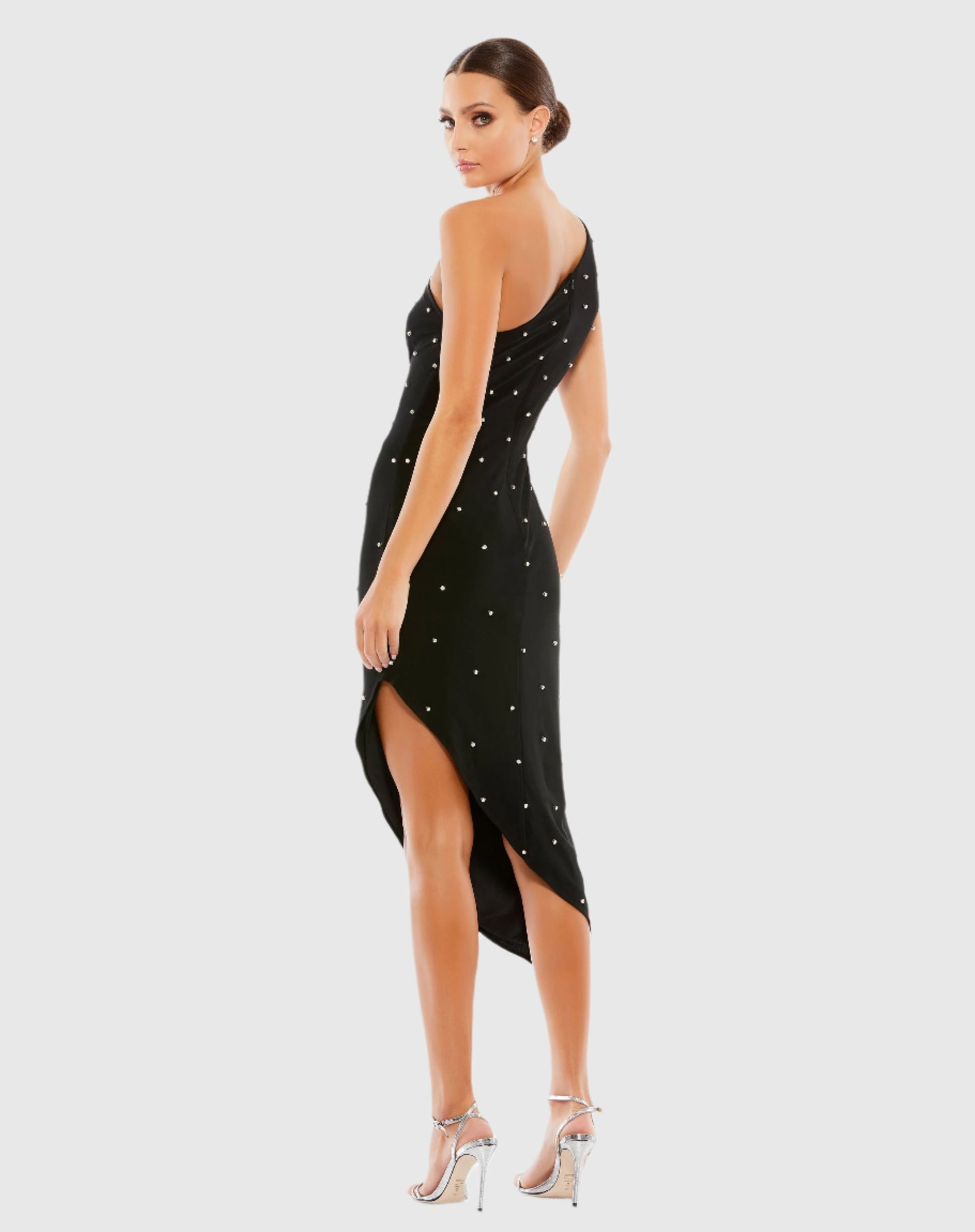 Rhinestone Encrusted One Shoulder Asymmetrical Hem Midi Dress