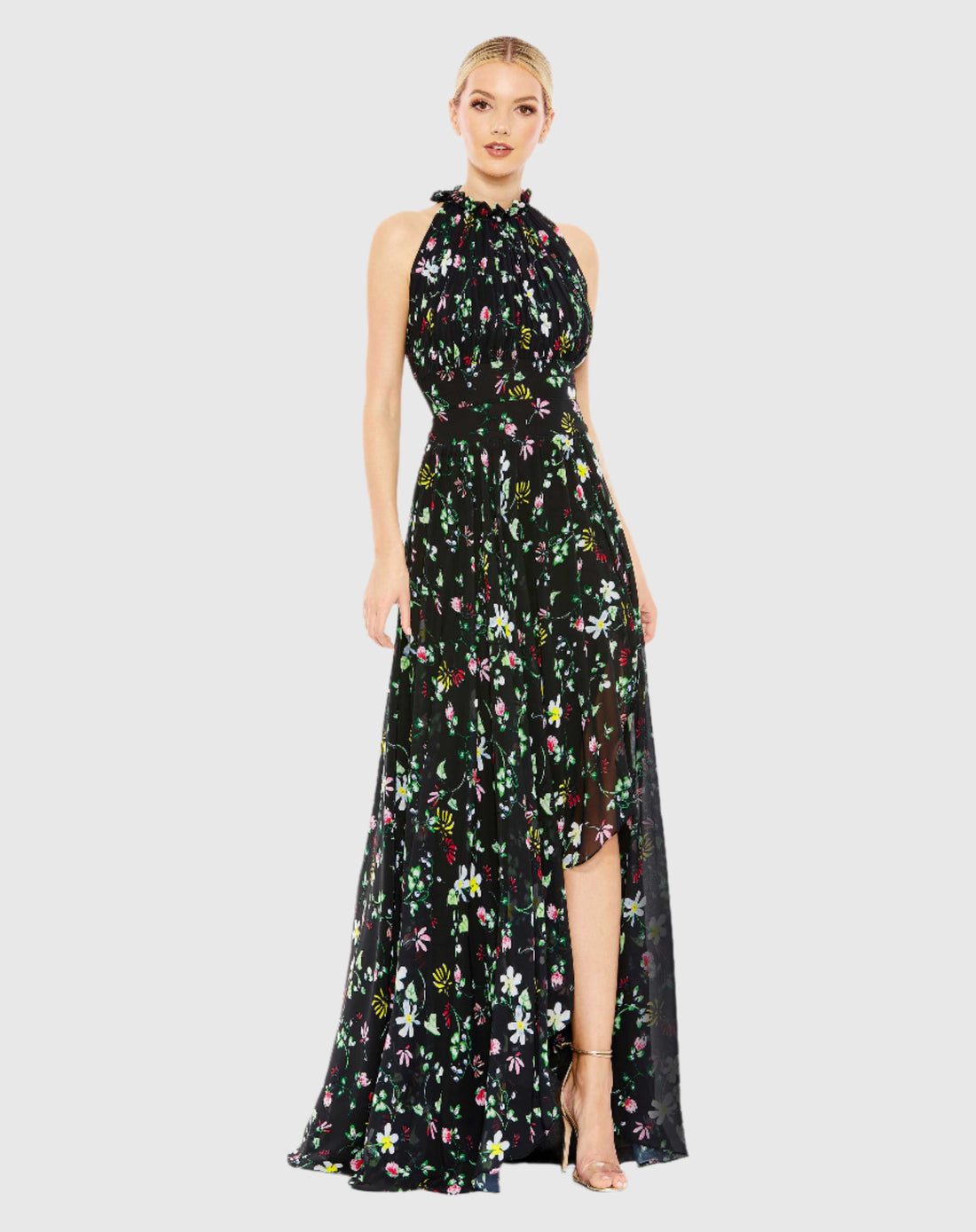 Floral Print Asymmetrical Ruffle Slit Halter Gown