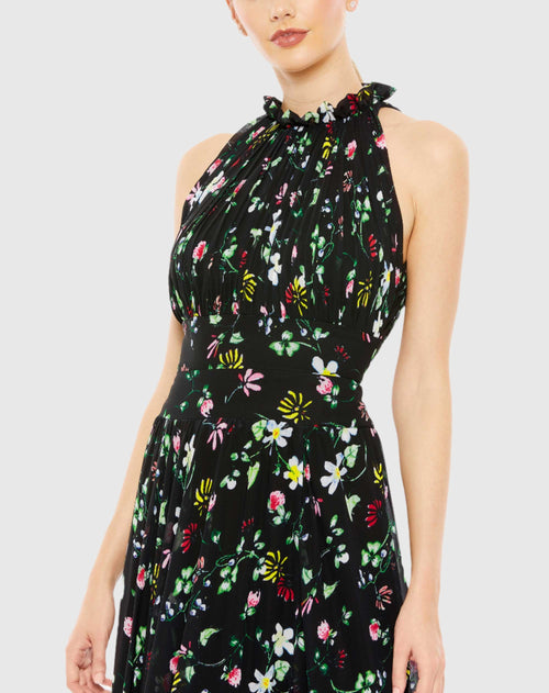 Floral Print Asymmetrical Ruffle Slit Halter Gown