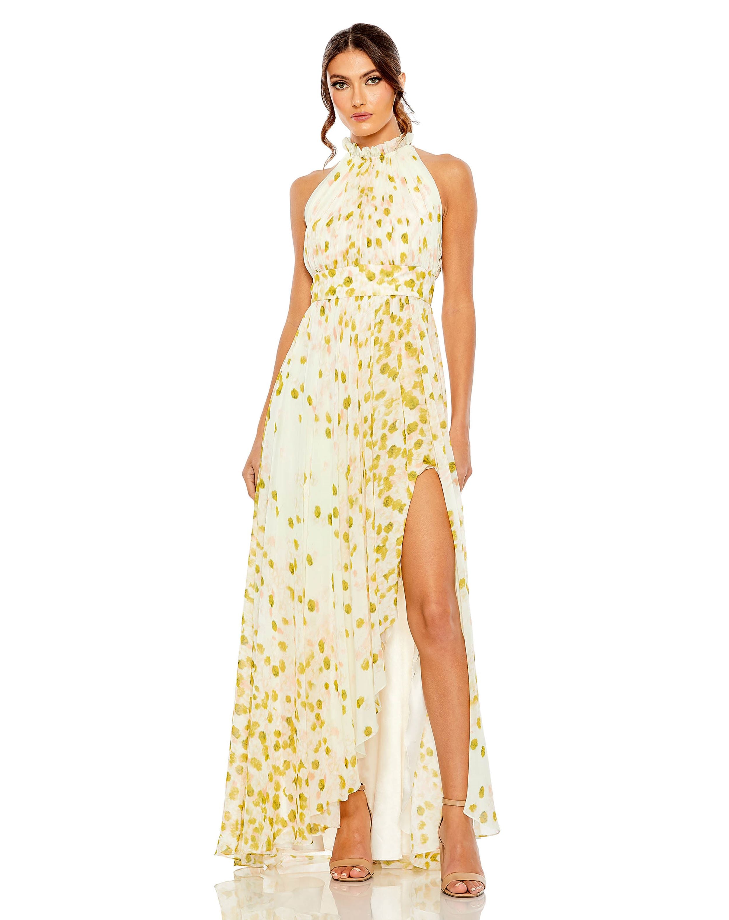 Floral Print Asymmetrical Ruffle Slit Halter Gown | Sample | Sz. 2