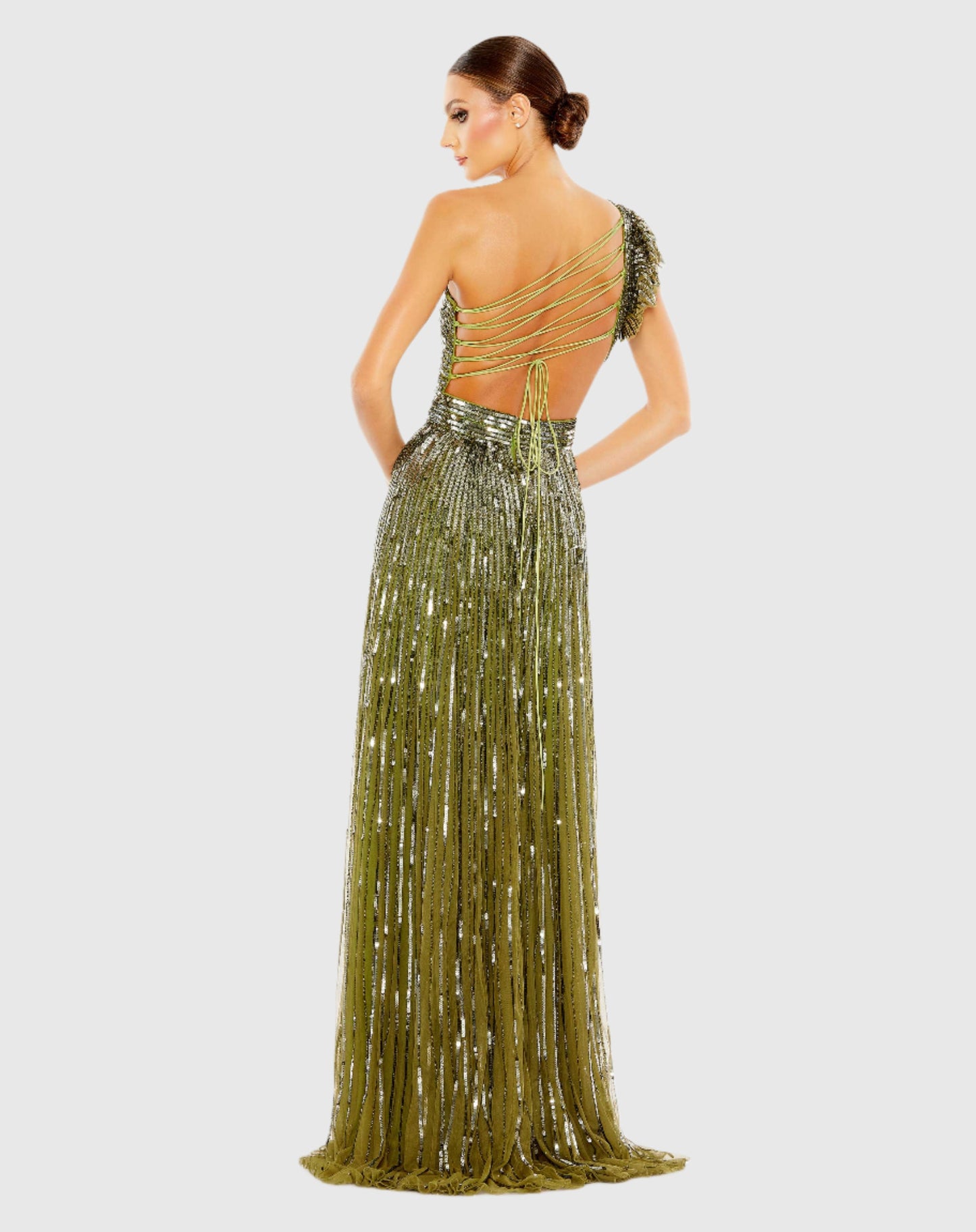 Sequined One Shoulder Flutter Sleeve A Line Gown