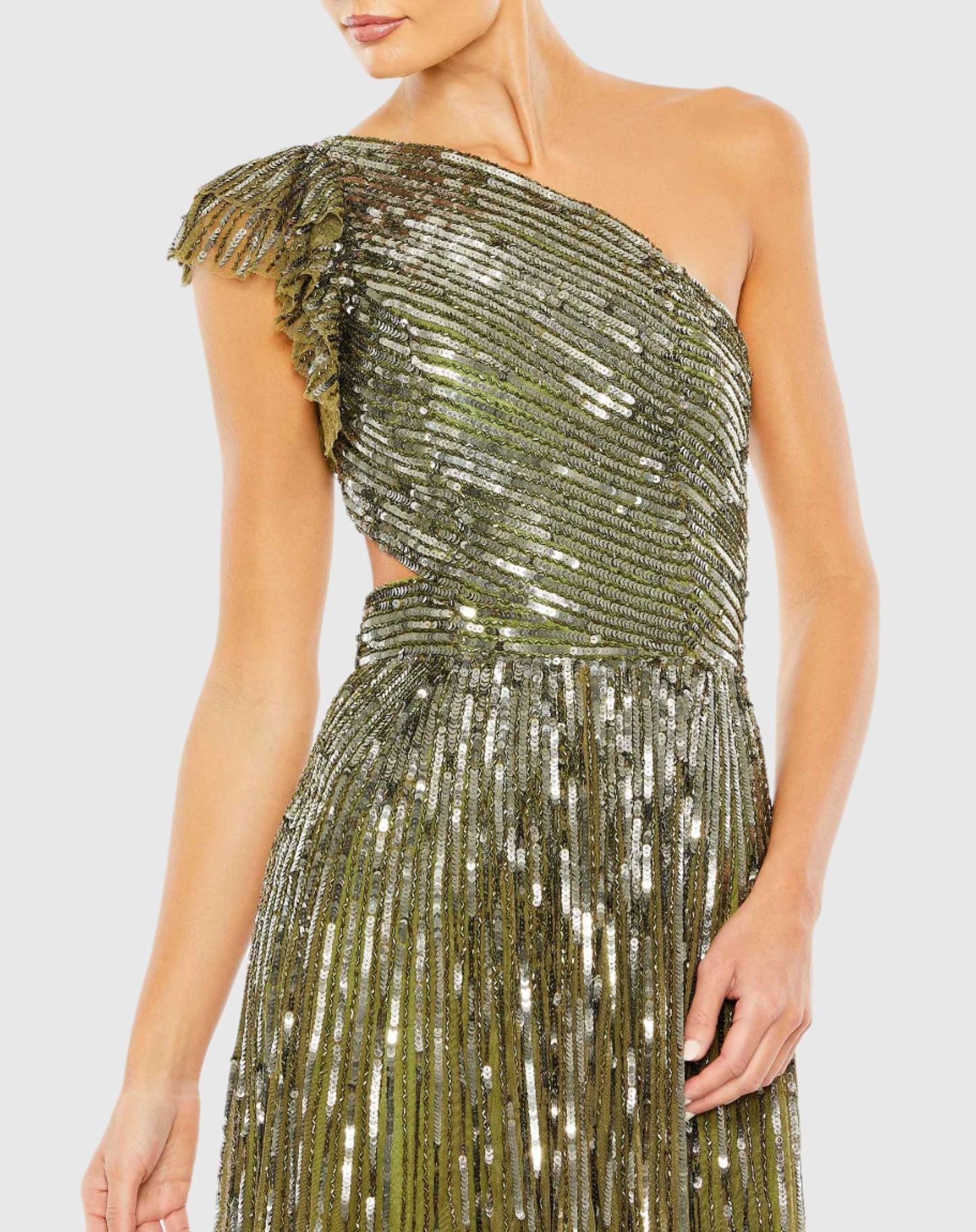 Sequined One Shoulder Flutter Sleeve A Line Gown