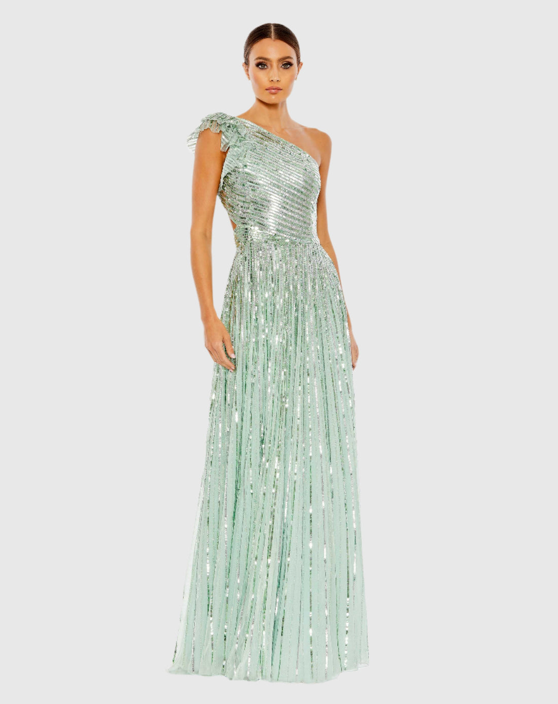 Sequined One Shoulder Flutter Sleeve A Line Gown