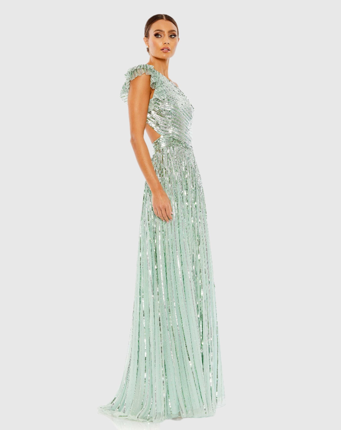 Sequined One Shoulder Flutter Sleeve A Line Gown