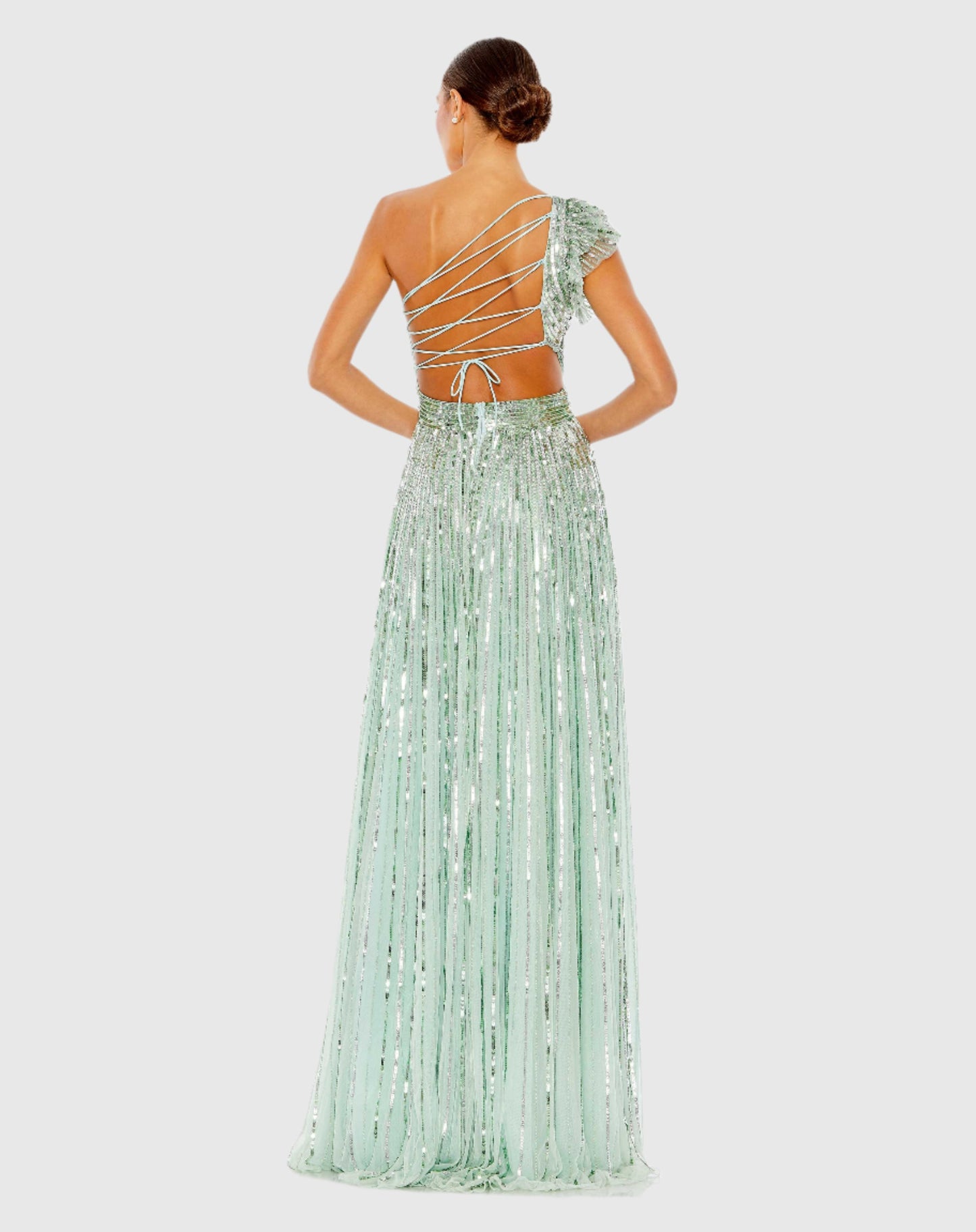 Sequined One Shoulder Flutter Sleeve A Line Gown