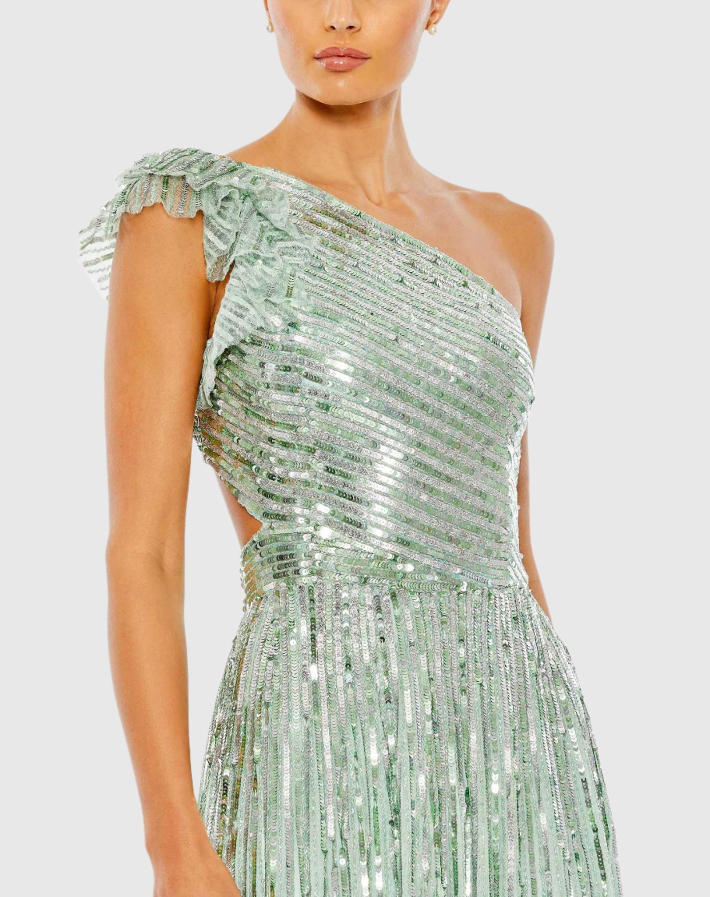 Sequined One Shoulder Flutter Sleeve A Line Gown