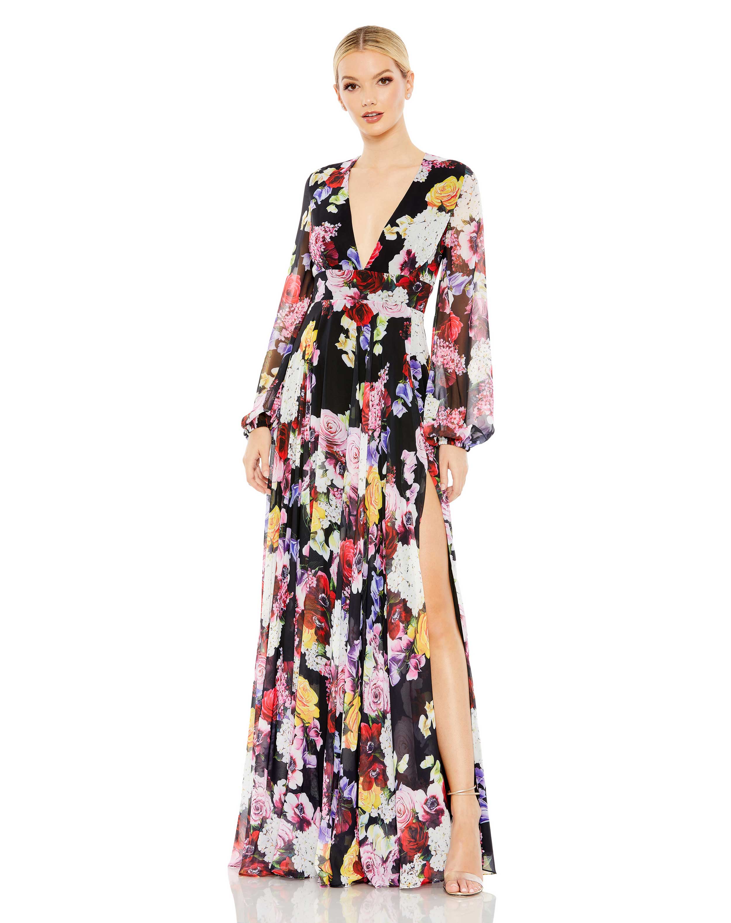 Floral Print Illusion Long Sleeve V Neck Gown