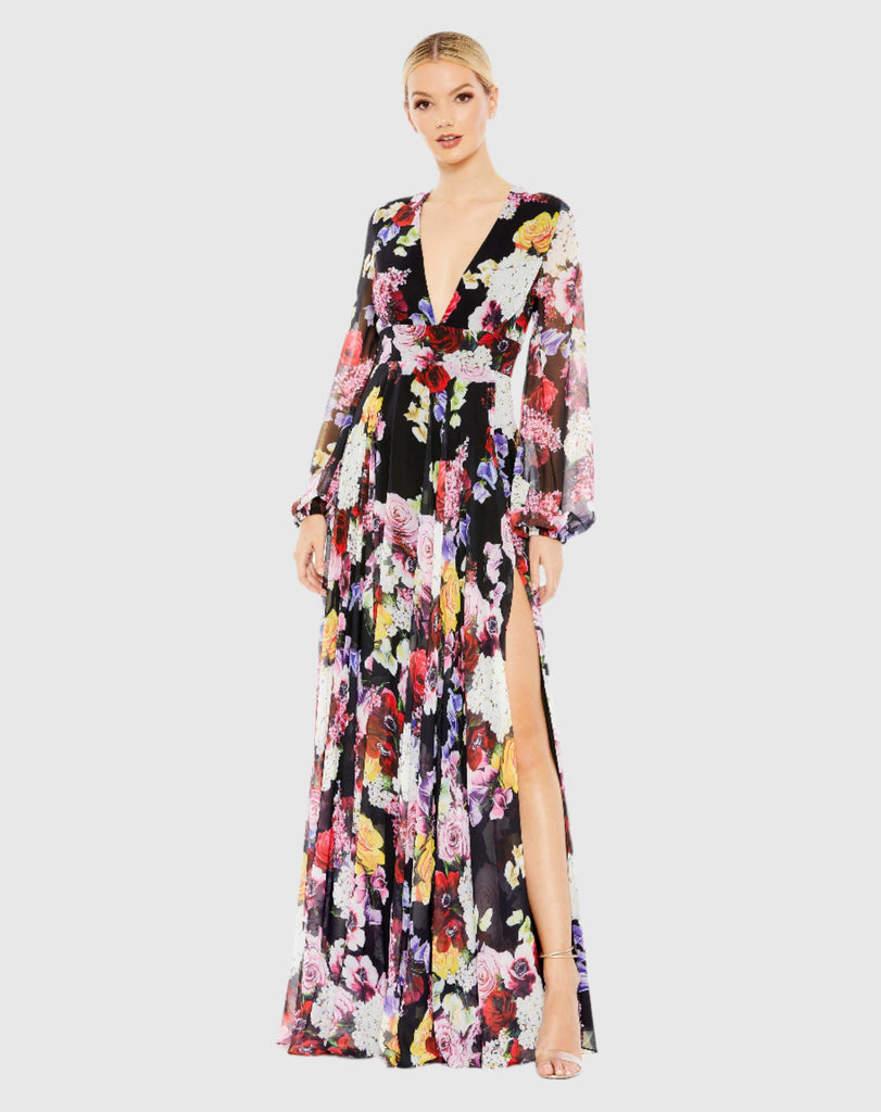 Mac Duggal Long-Sleeve Mock-Neck Floral Maxi Dress