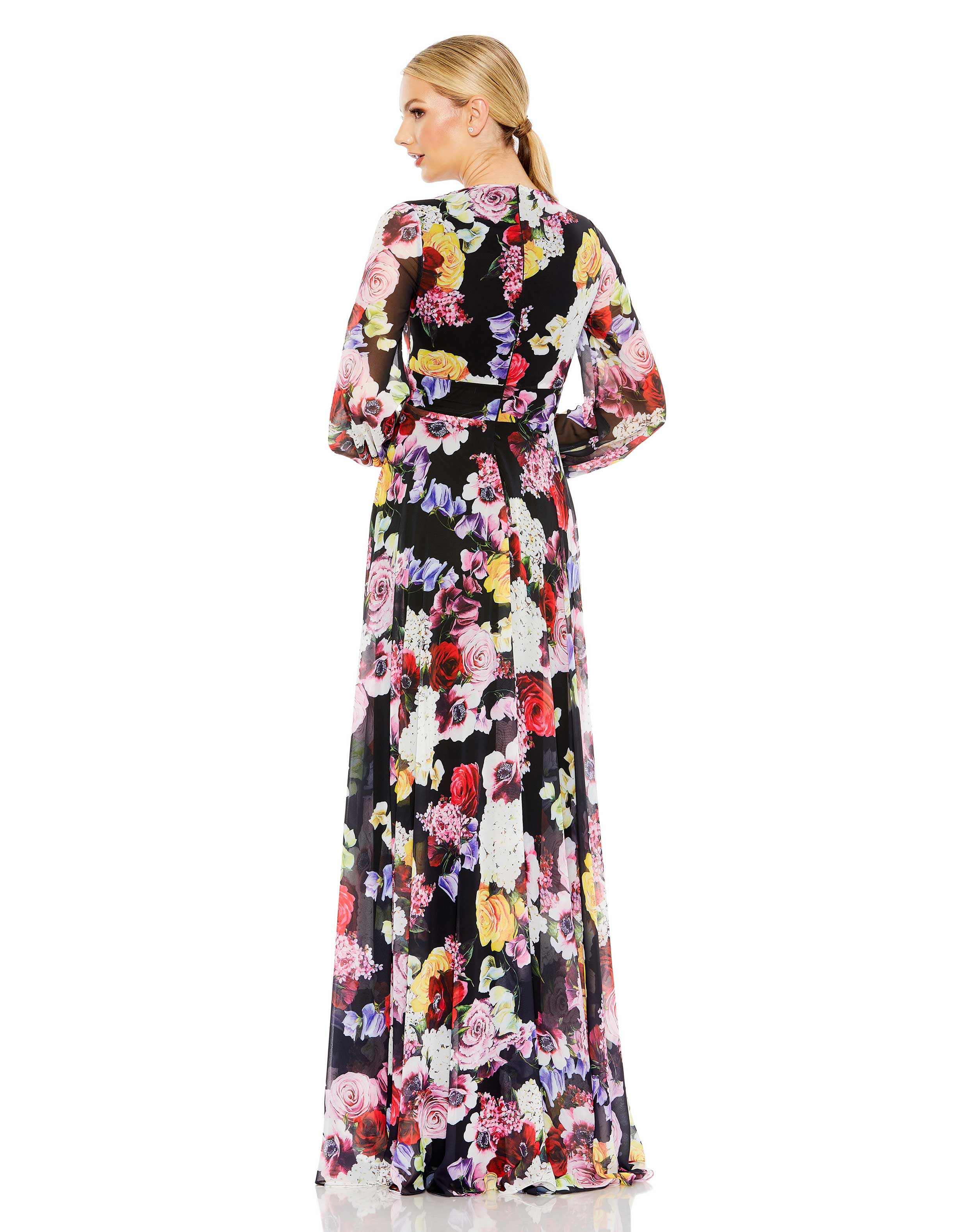 Floral Print Illusion Long Sleeve V Neck Gown