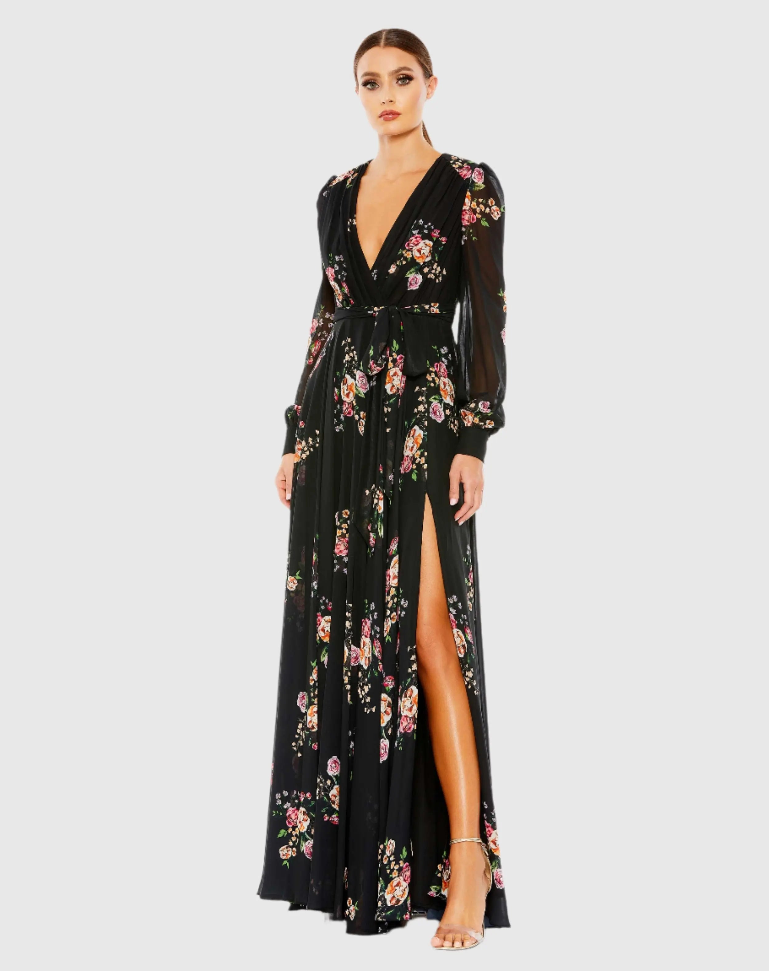 Black Belted Floral Print Illusion Long Sleeve Gown- Ieena for Mac Duggal