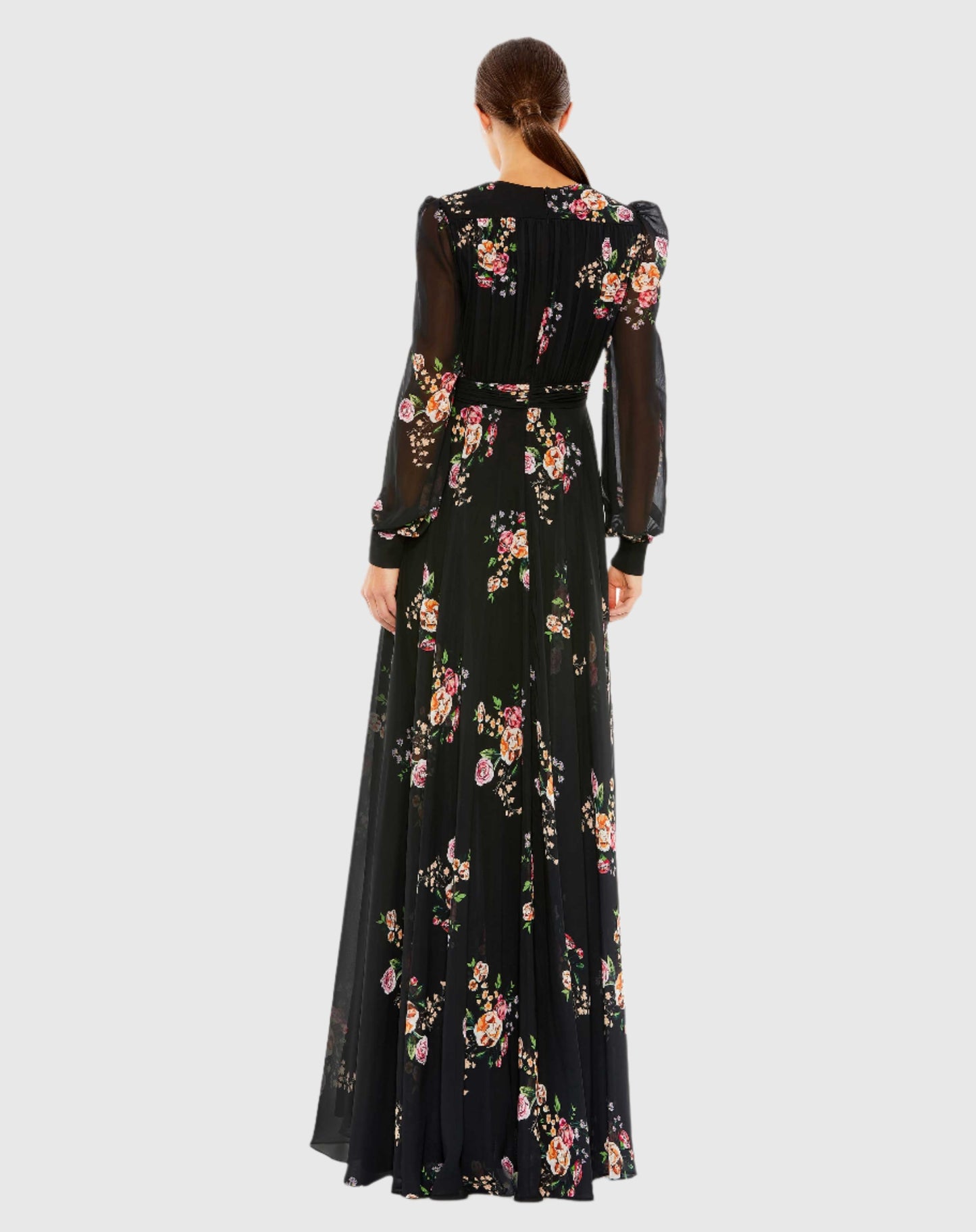 Belted Floral Print Illusion Long Sleeve Gown