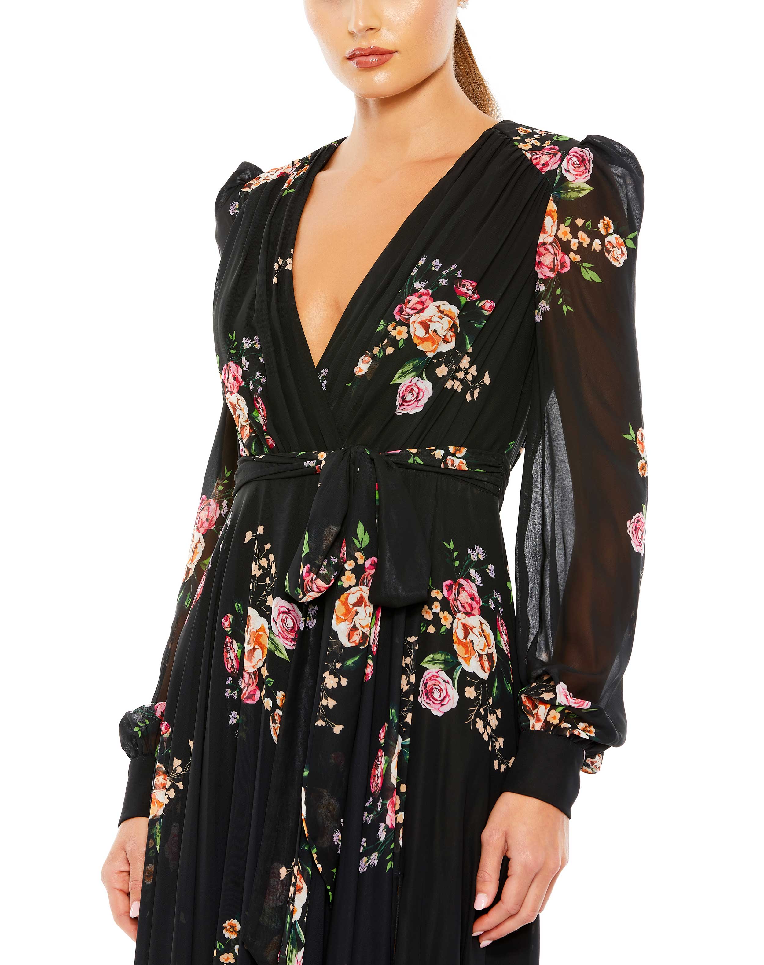 Belted Floral Print Illusion Long Sleeve Gown