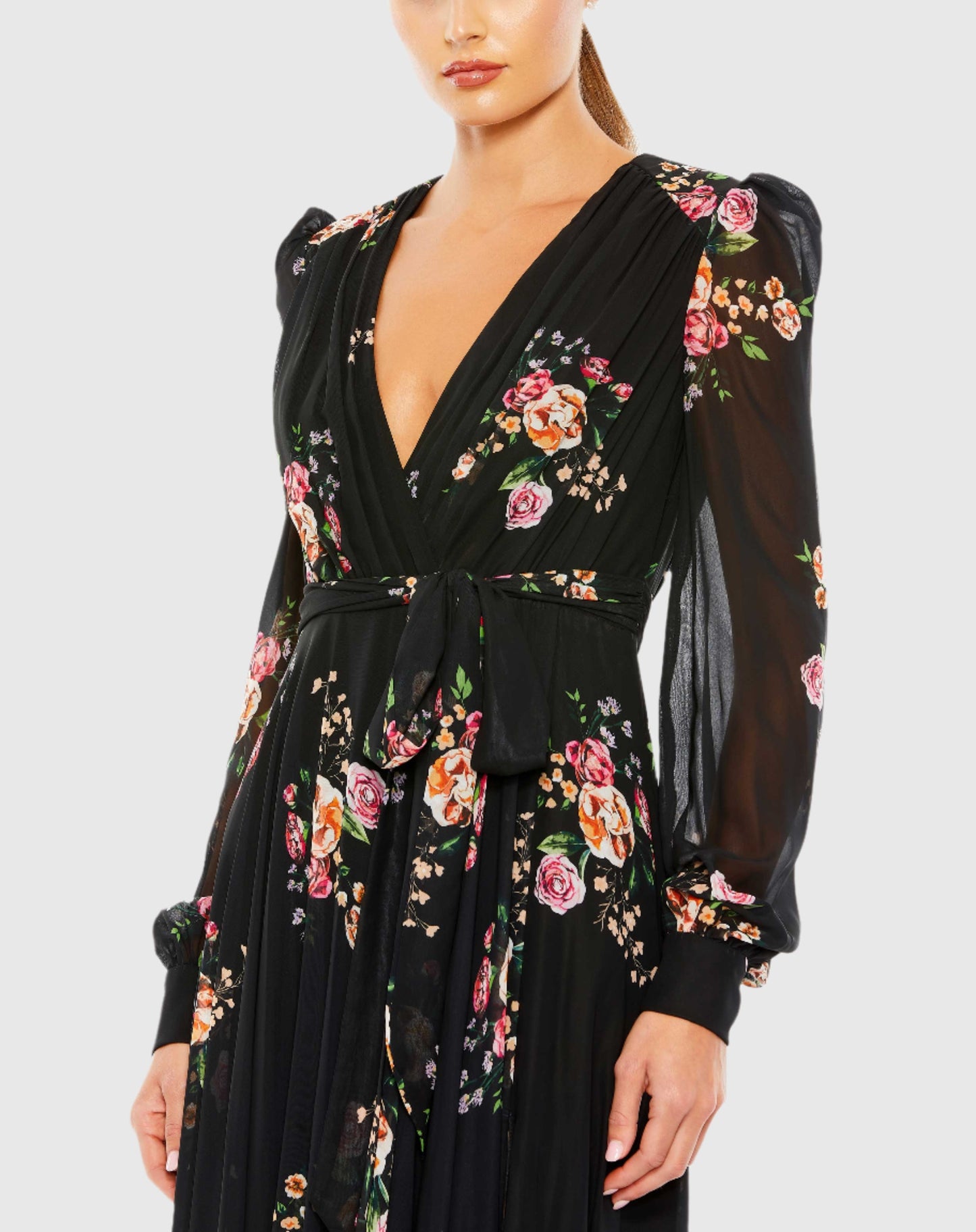 Belted Floral Print Illusion Long Sleeve Gown