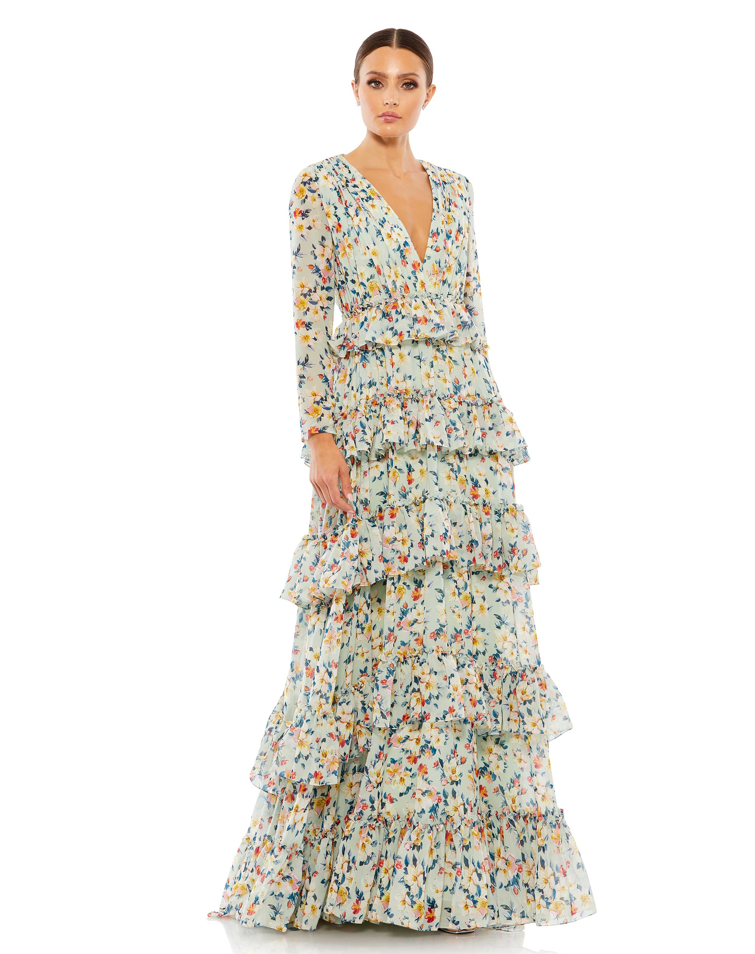 Floral Printed Tiered Ruffle Long Sleeve Gown