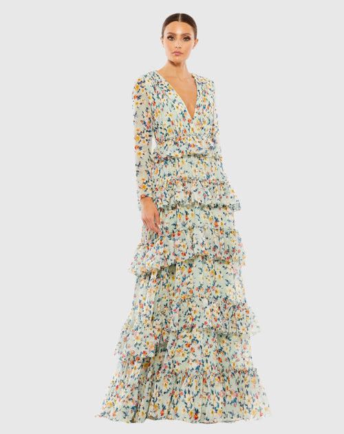 Floral Printed Tiered Ruffle Long Sleeve Gown