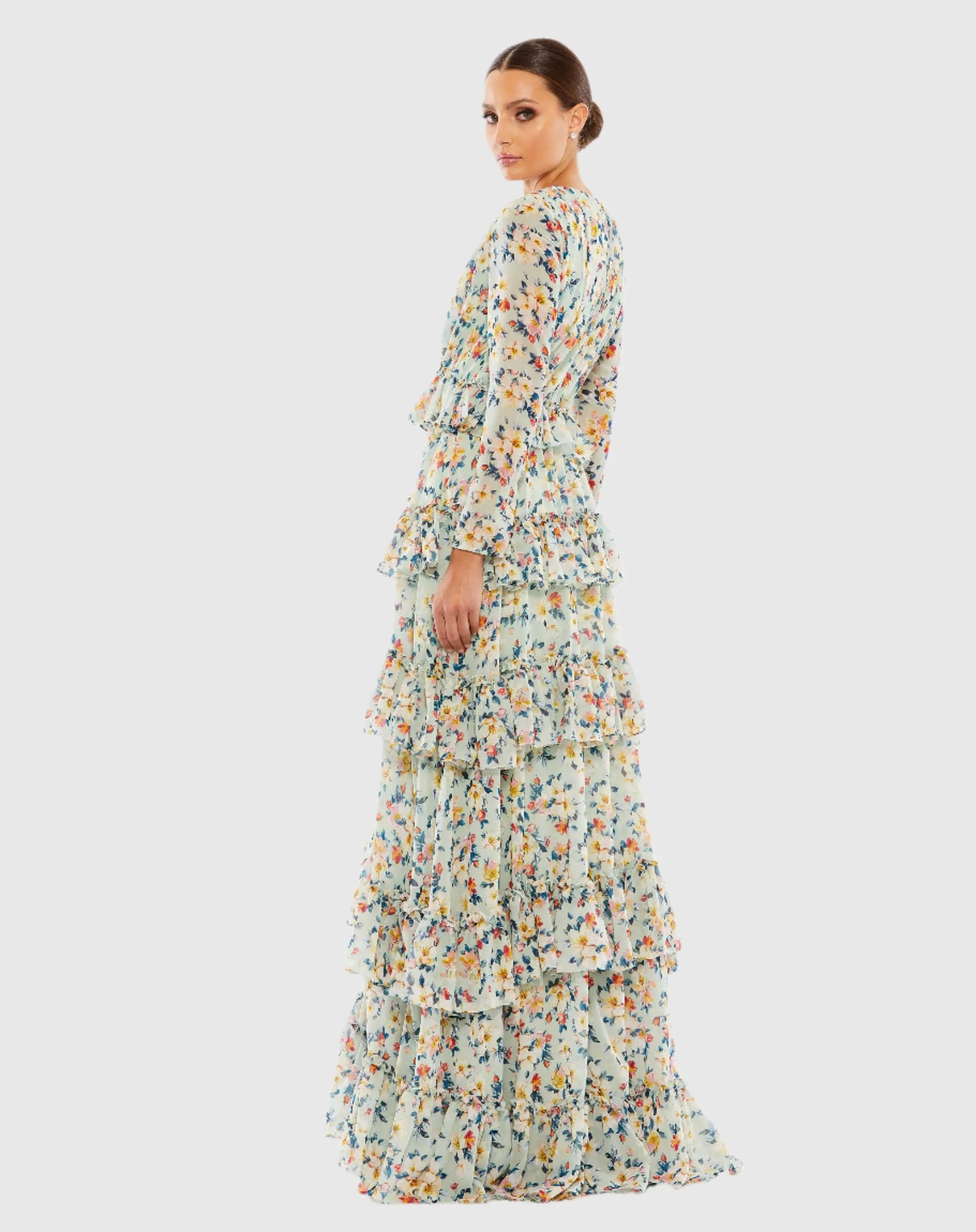 Green Floral Printed Tiered Ruffle Long Sleeve Gown - Mac Duggal